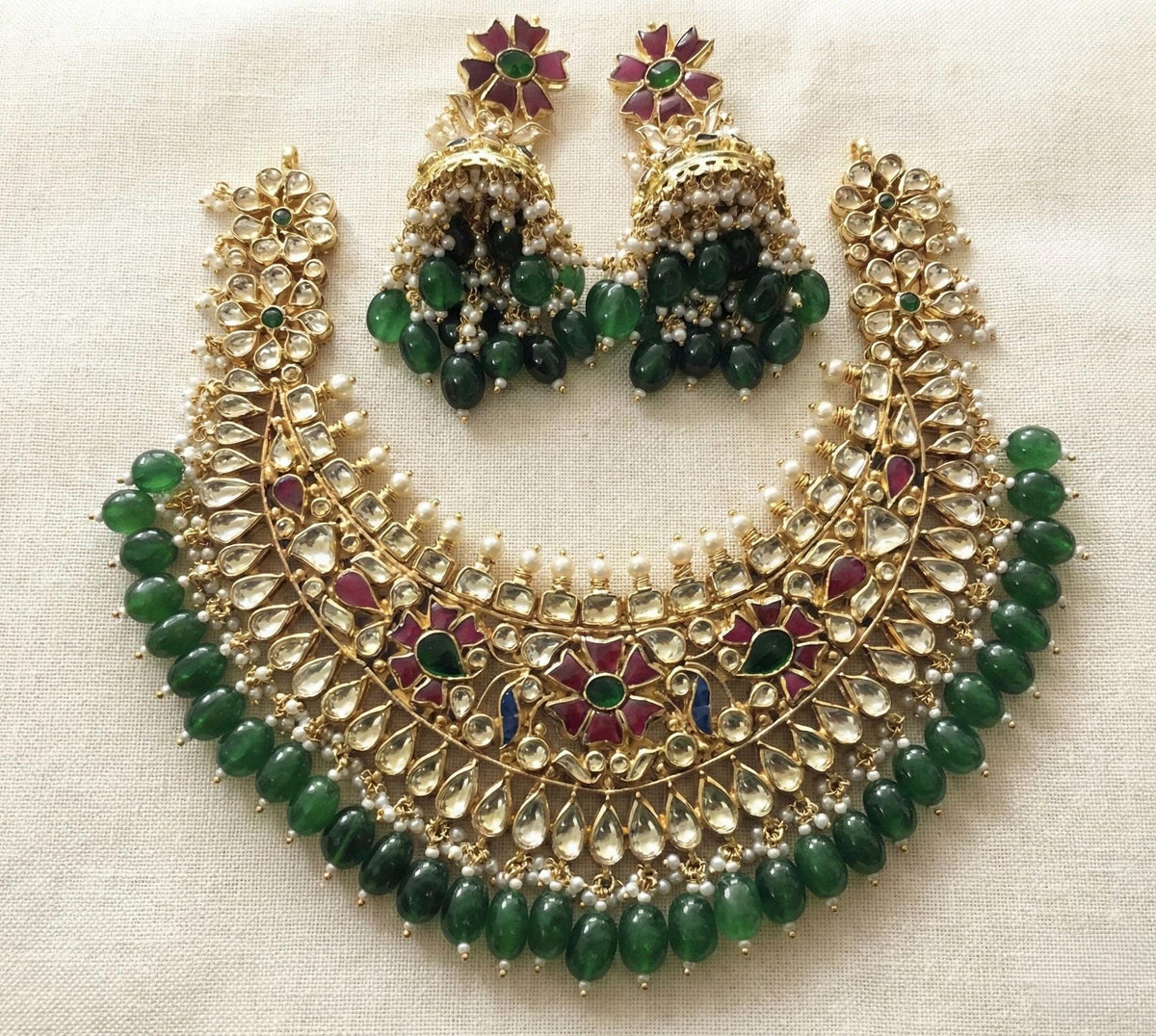 Kundan Jewelry Set, Gold Plated Indian Bridal Necklace, Green Emerald Handmade Earrings