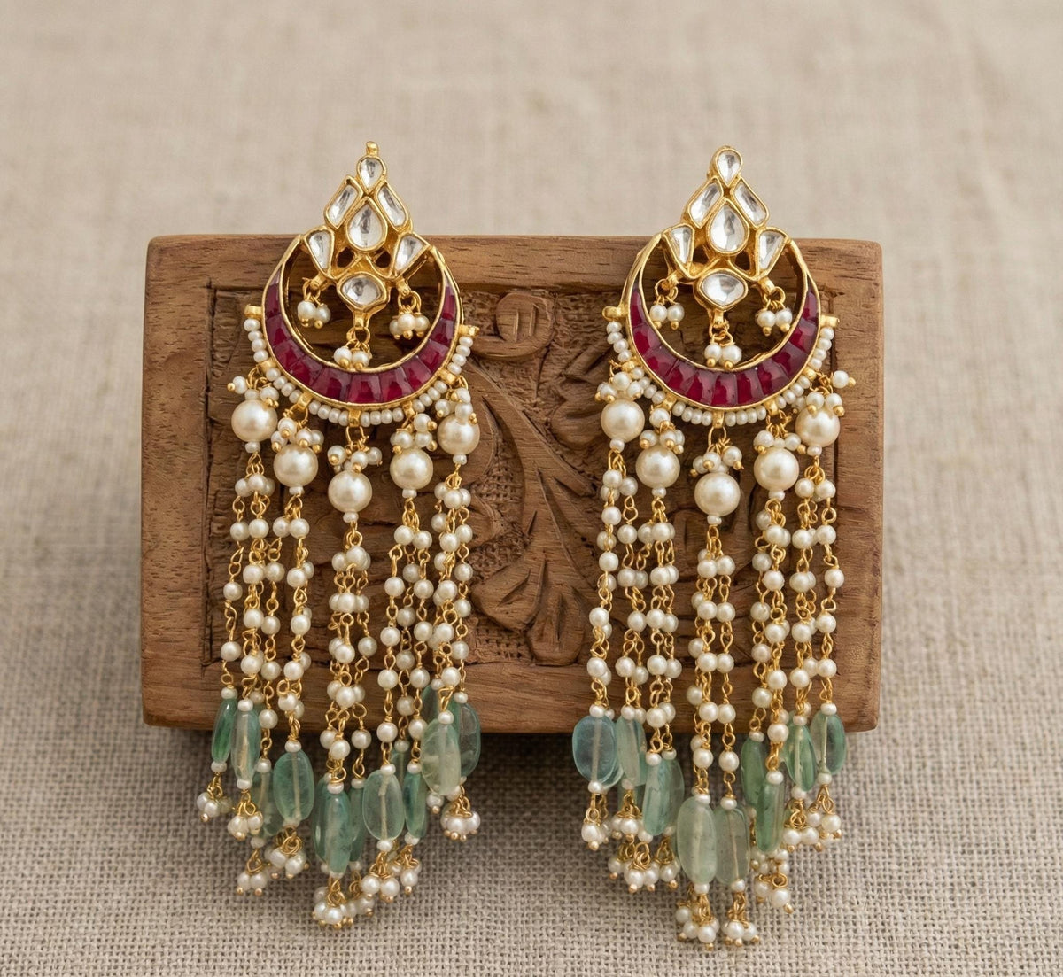 Handmade Kundan Chandbali Earrings, Gold Plated Pearl Hangings