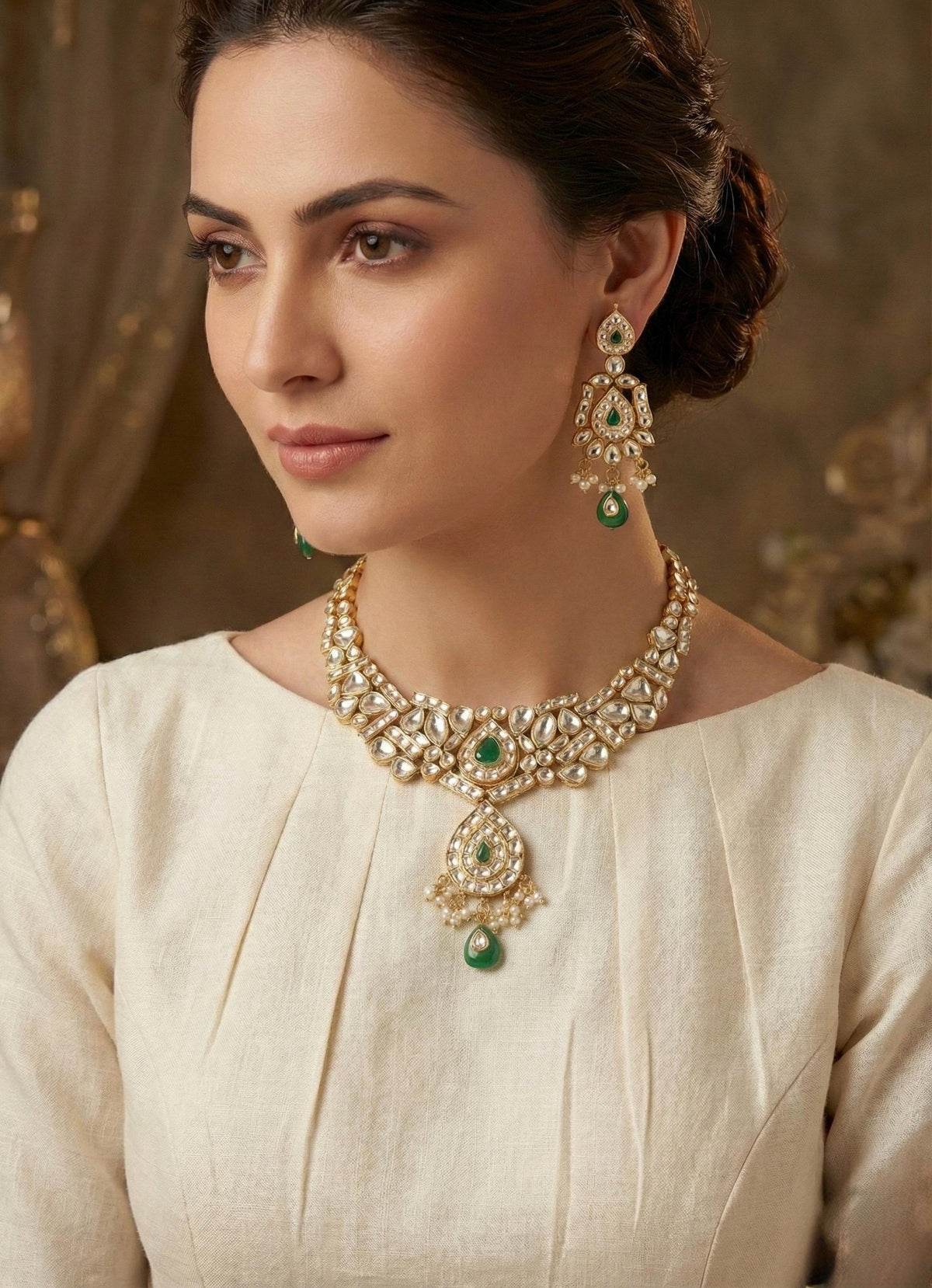 Kundan Jewelry Set, Indian Bridal Choker Necklace with Earrings, Gold Plated