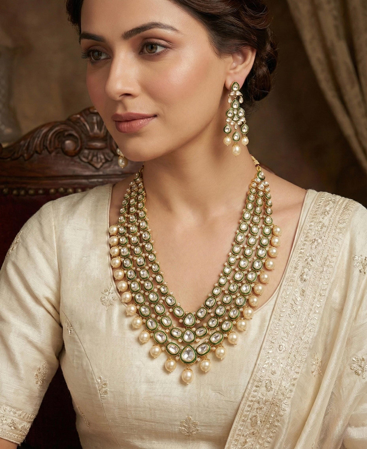 Handmade Kundan Necklace Set with Earrings, Gold Plated Indian Bridal Jewelry, Traditional Wedding Statement