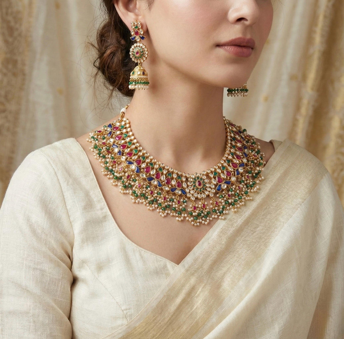 Multicolor Kundan Choker Necklace and Earrings, Gold Plated Statement Choker for Indian Brides
