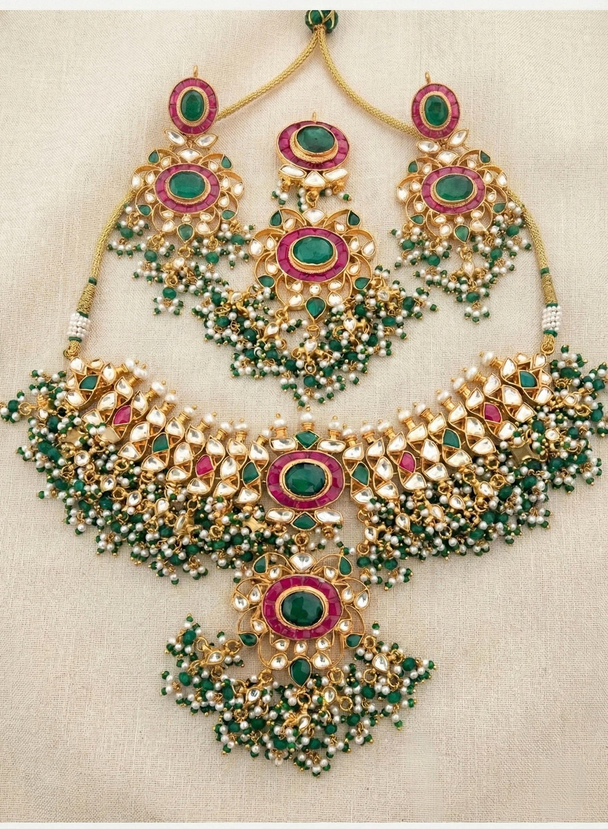 Kundan Choker Necklace Set with Earrings & Maang Tikka | Green Stone Indian Wedding Jewelry