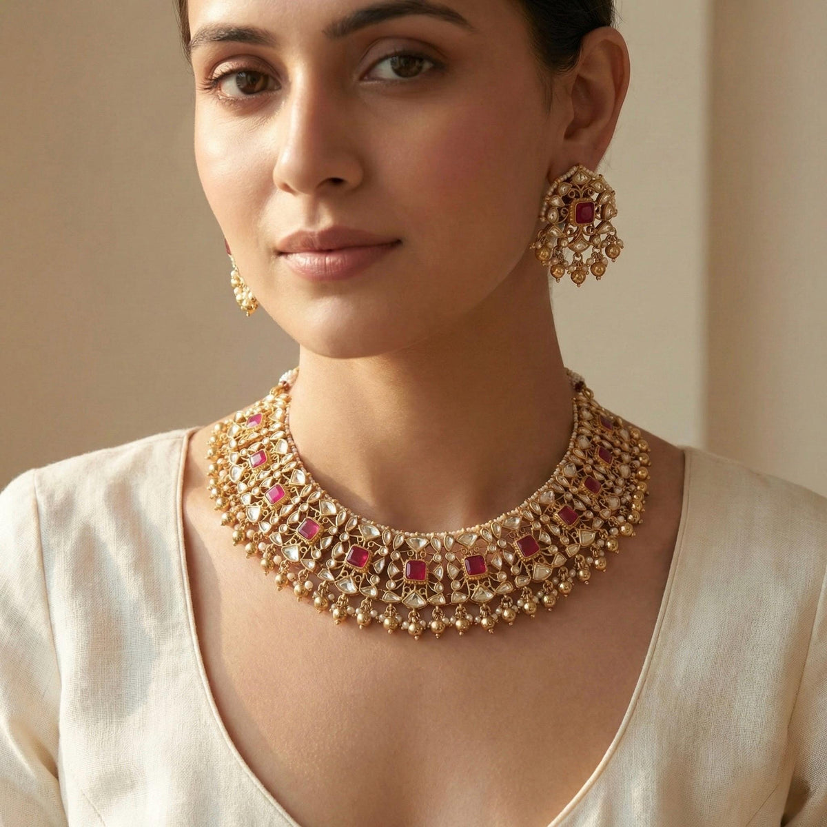 Handmade Kundan Jewellery Set, Pink Choker Necklace with Earrings