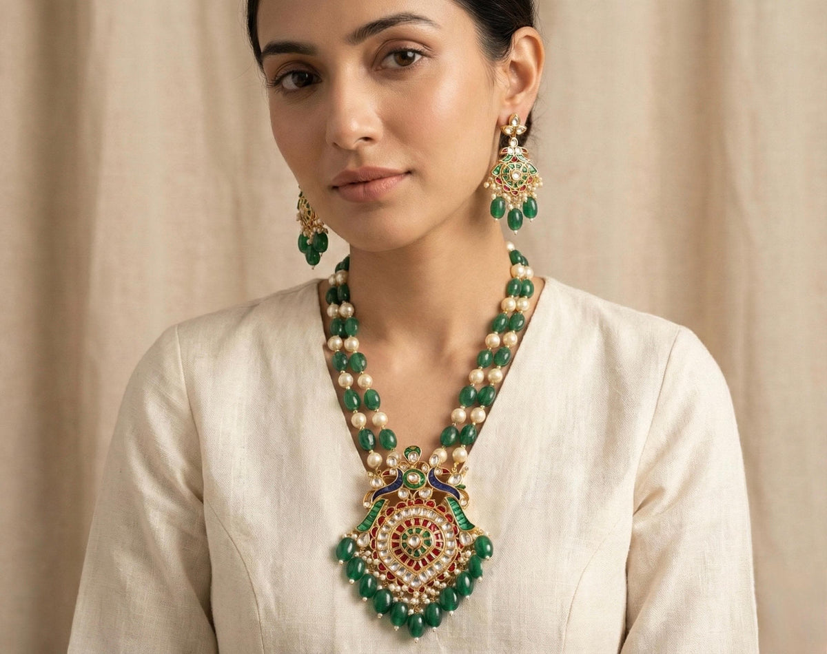 Kundan Jewelry Set | Gold Plated Necklace, Emerald and Pearl Earrings