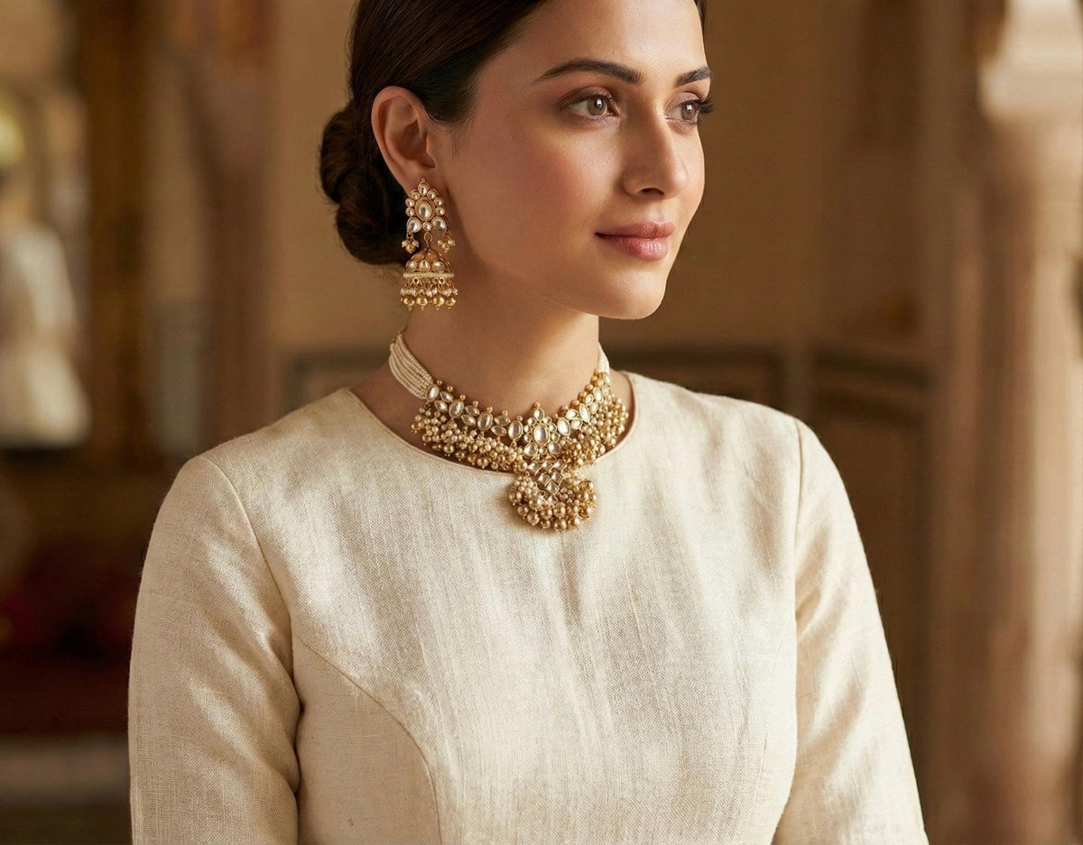 Kundan Choker Necklace Set, Gold Plated Indian Bridal Jewelry