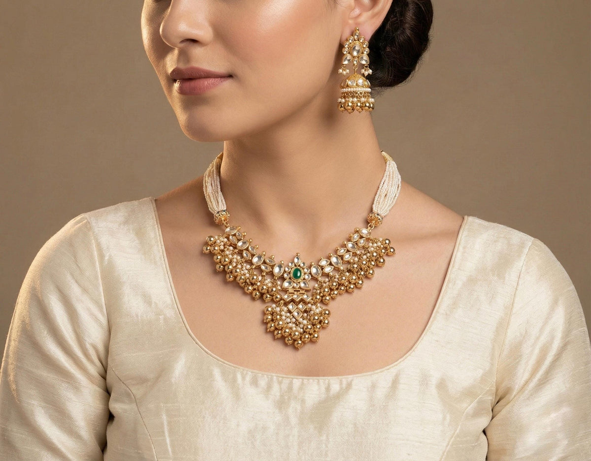 Kundan Choker Necklace Set, Gold Plated Indian Bridal Jewelry