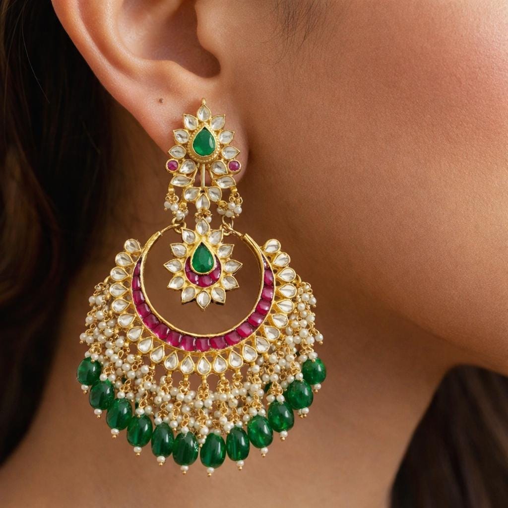 Handcrafted Kundan Chandbali Earrings for Indian Women, Gold Plated Jewellery