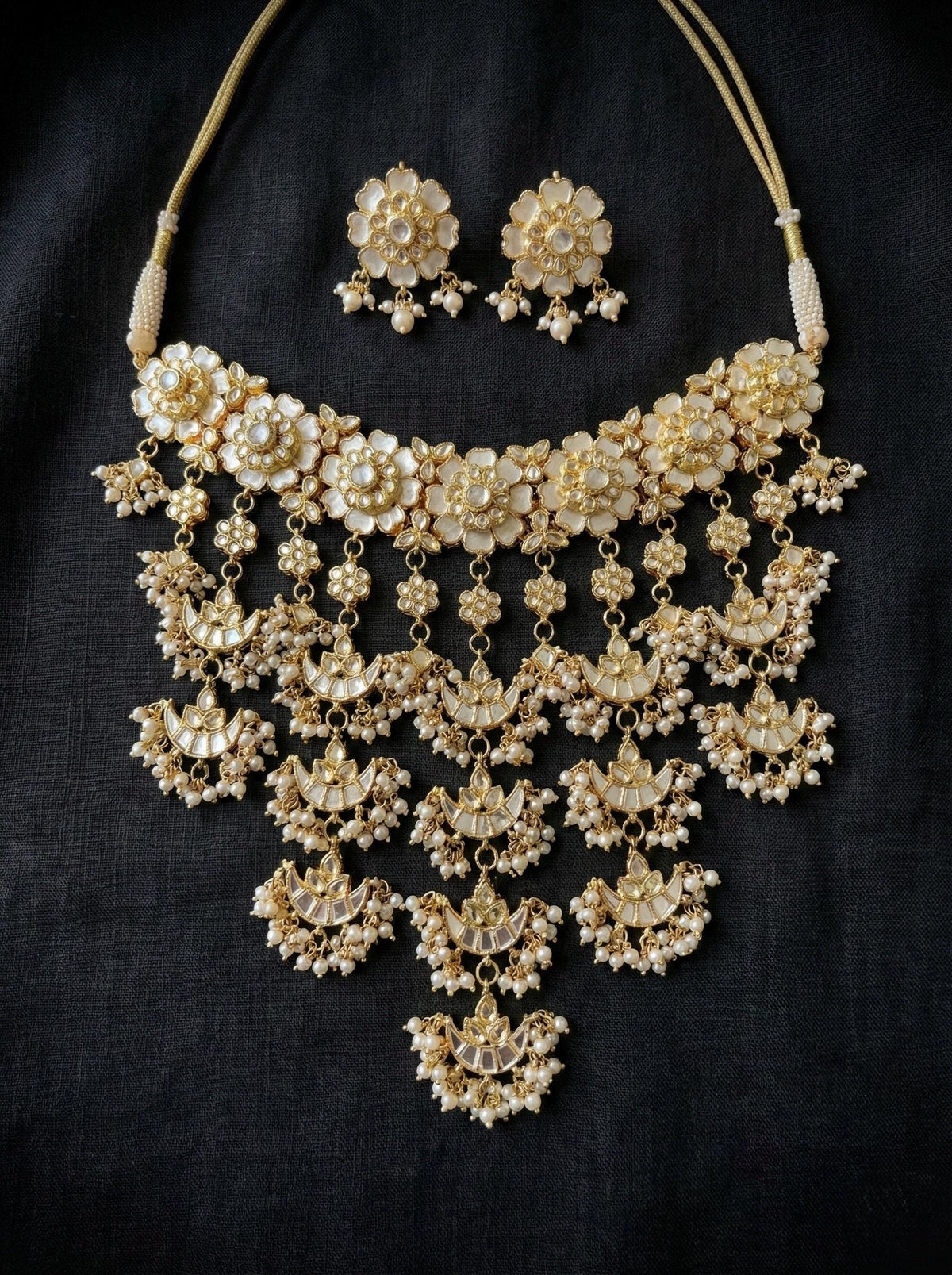 Handmade Kundan Choker Necklace Earrings Set, Gold Plated Mother of Pearl Indian Bridal Jewelry