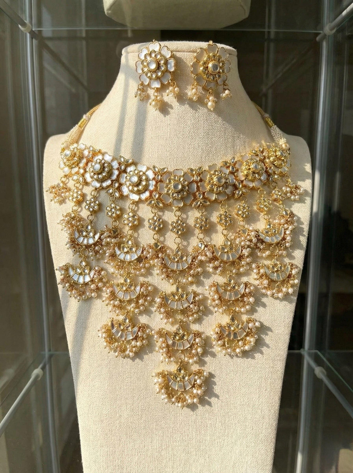 Handmade Kundan Choker Necklace Earrings Set, Gold Plated Mother of Pearl Indian Bridal Jewelry