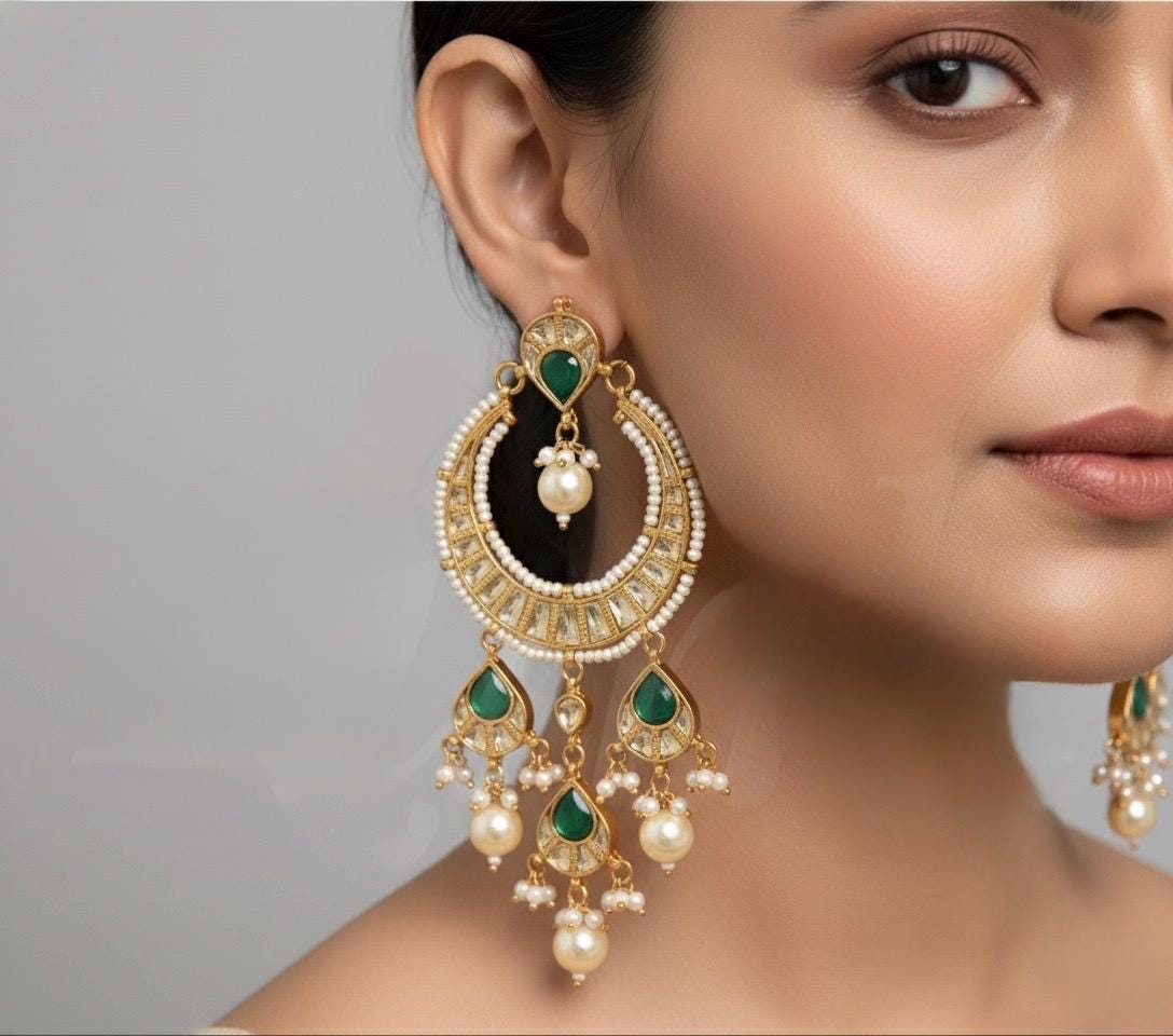 Kundan Chandbali Earrings, 22k Gold Plated, Green & White, Indian Bridal Jewelry
