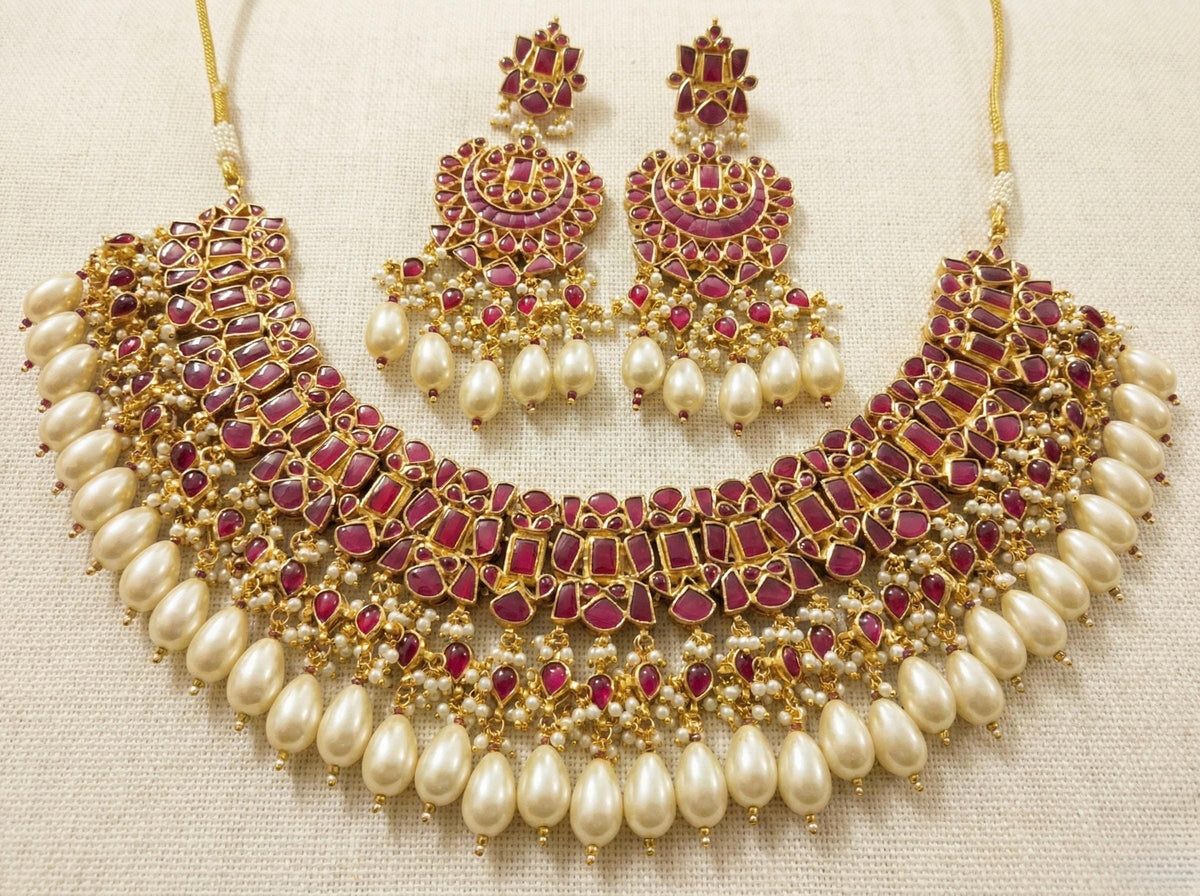 Kundan Jewelry, South Indian Bridal Choker Necklace with Chandbali Earrings