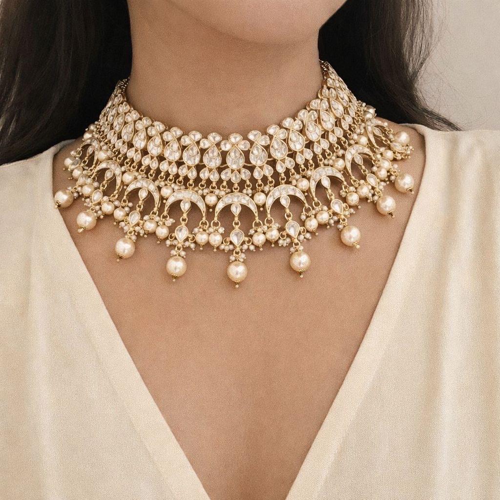 Traditional Kundan Choker Necklace with Earrings, Indian Ethnic Jewellery Set