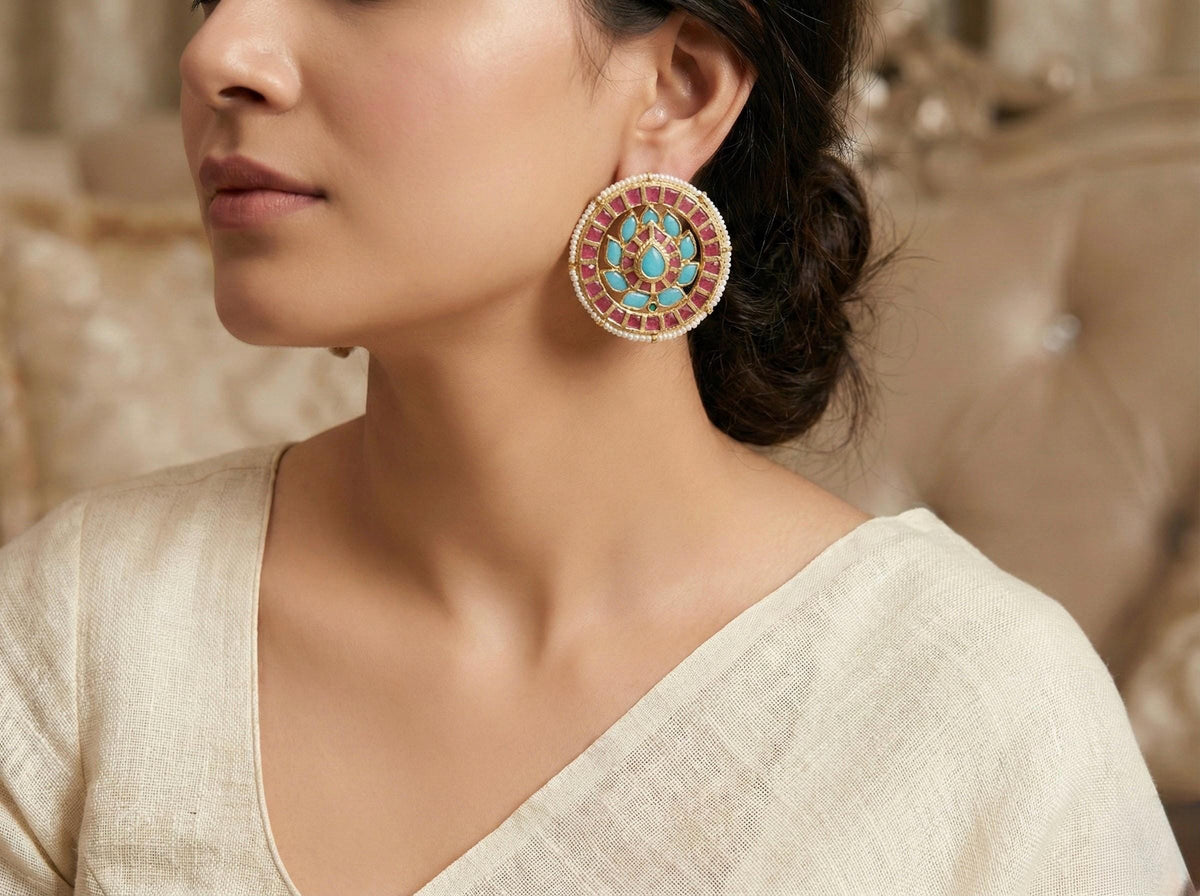 Handmade Kundan Earrings, Indian Bridal Jewelry, Turquoise & Pink