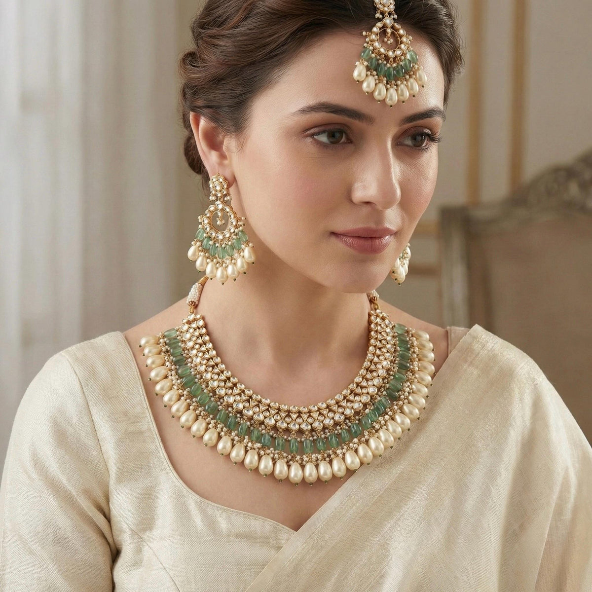 Kundan Choker Jewelry Set, Green and Gold Indian Bridal Necklace