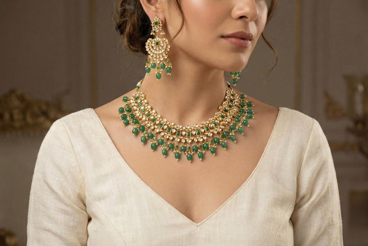 Kundan Jewelry set, Choker Necklace with Chandbali Earrings, Green Bridal Sets