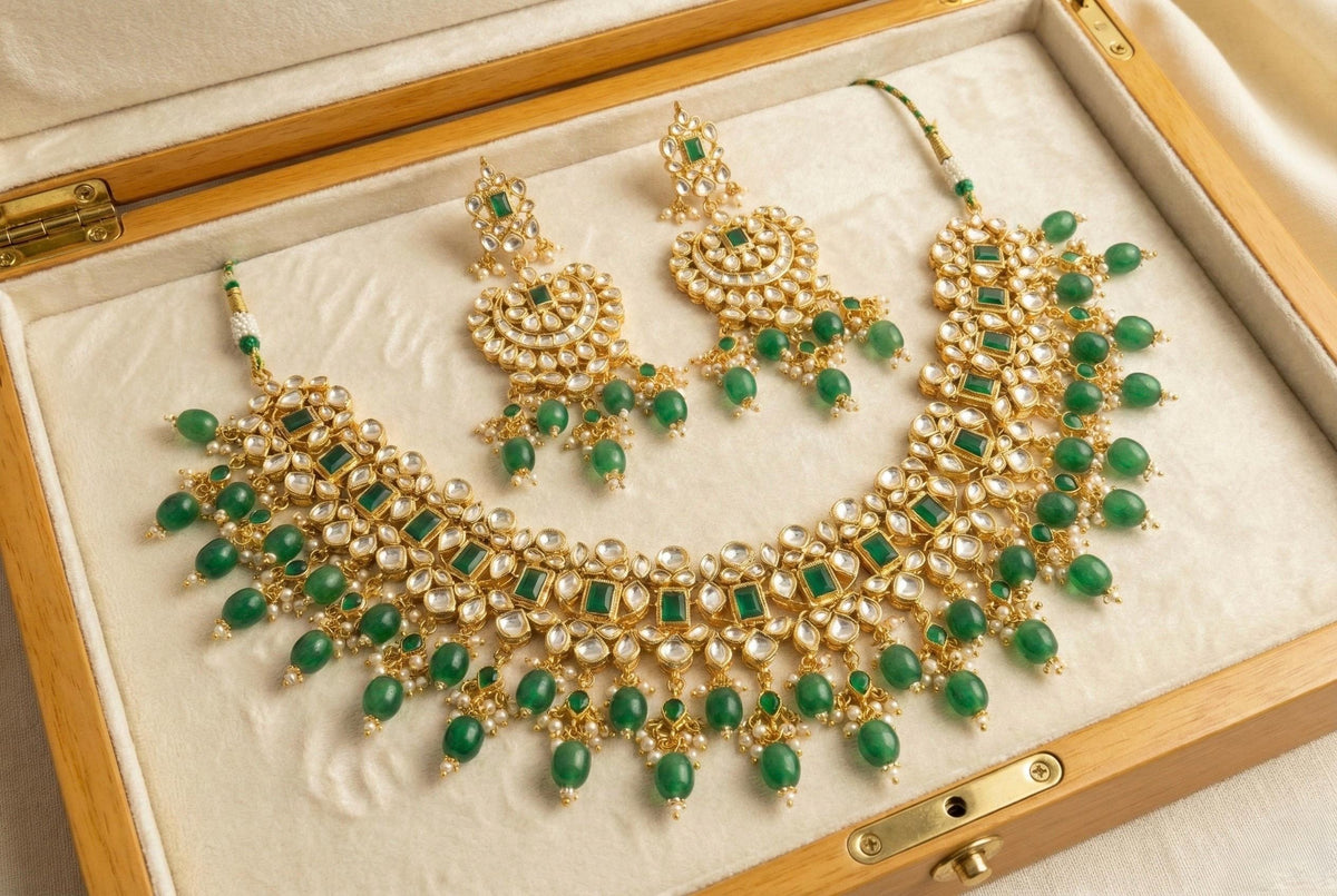Kundan Jewelry set, Choker Necklace with Chandbali Earrings, Green Bridal Sets