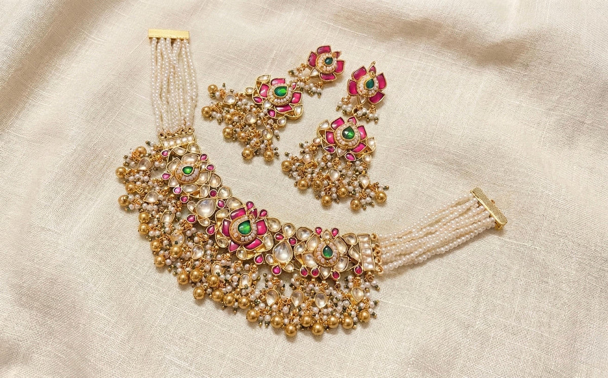 Kundan Choker Necklace Set, Gold Plated South Indian Jewelry