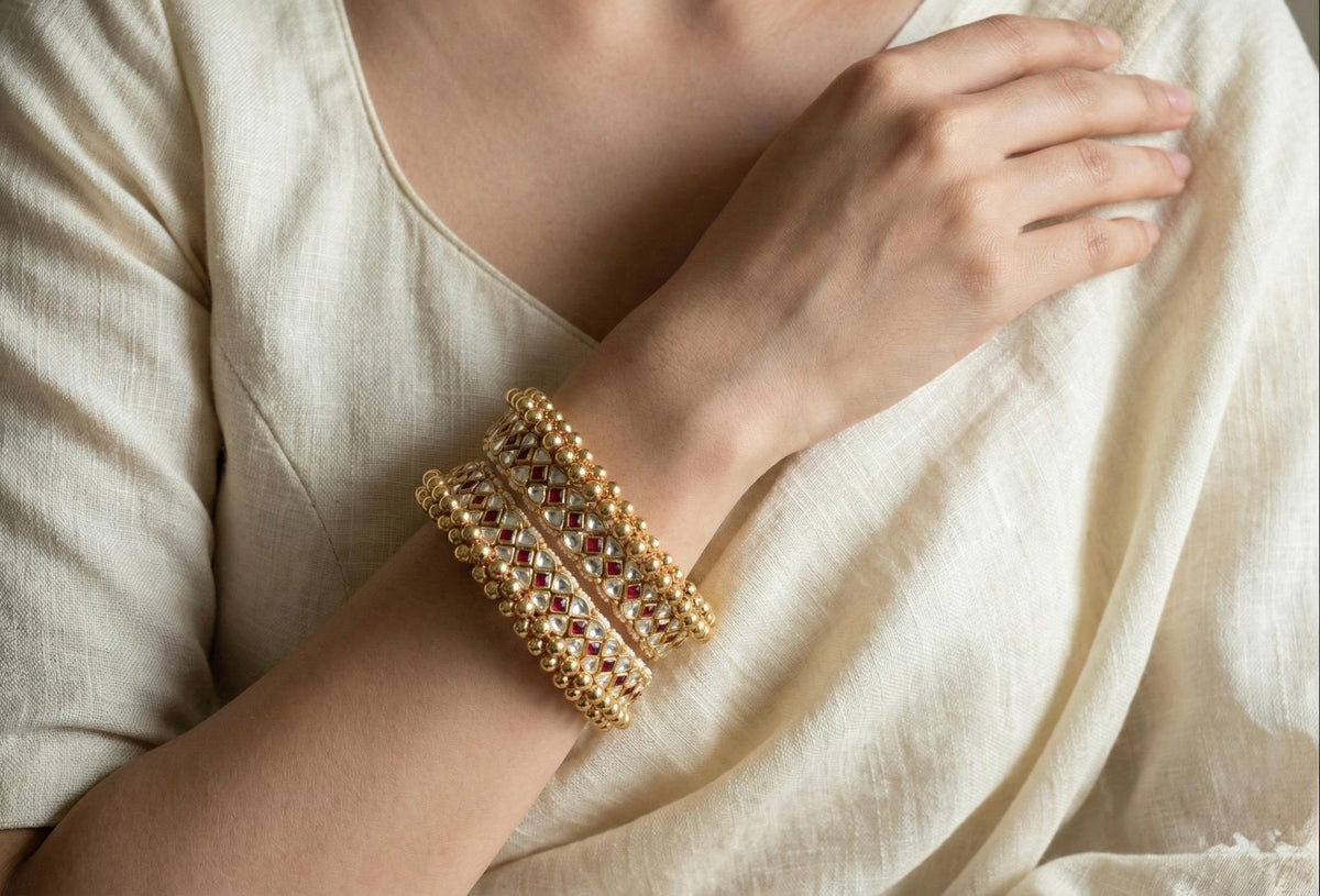 Kundan Bangles, Sabyasachi Inspired Bridal Bracelet, Pink & White Stone, 22k Gold Plated