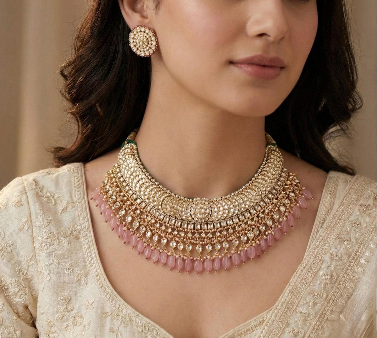 Kundan Jewellery Set with Earrings, Gold Plated Choker Necklace, Traditional Indian Wedding Sets