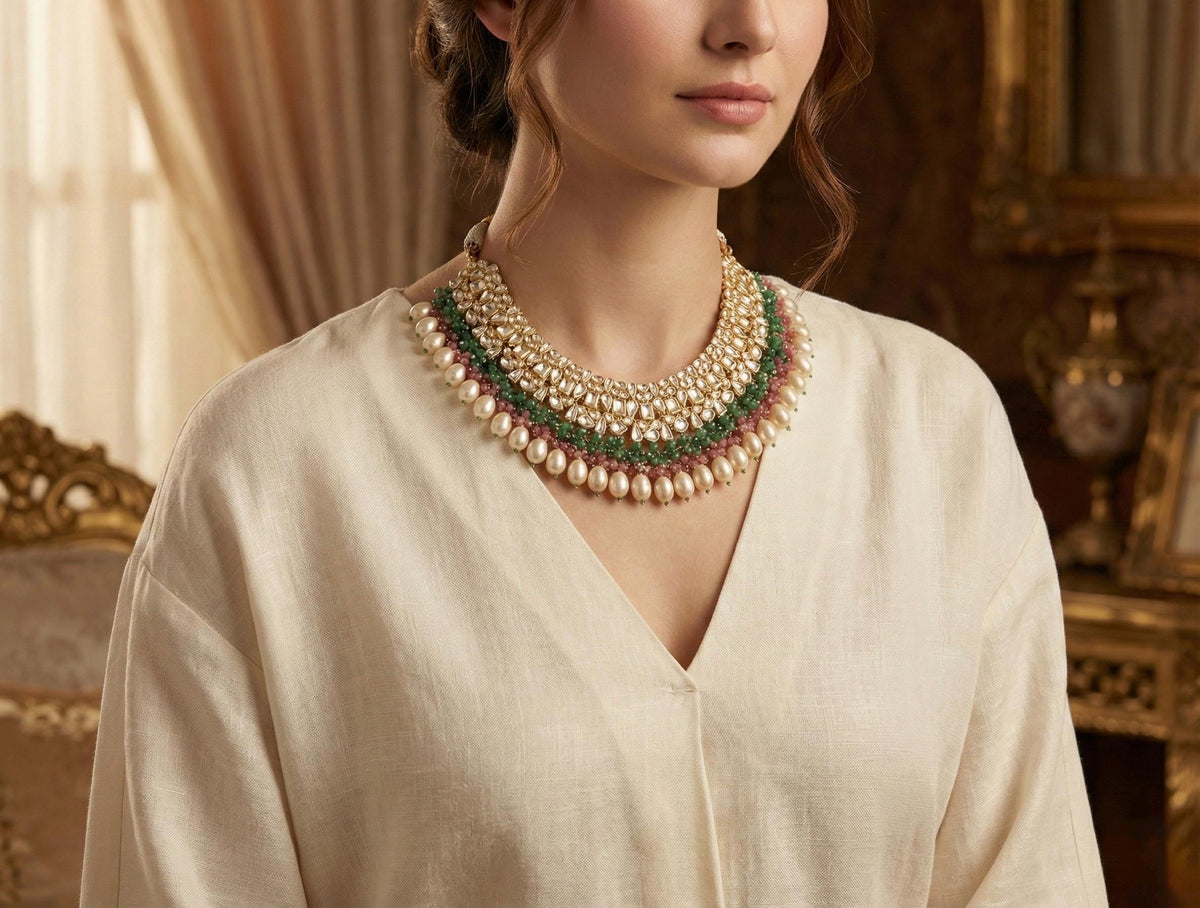 Kundan Choker Necklace Earrings Set, 22k Gold Plated Indian Bridal Jewelry