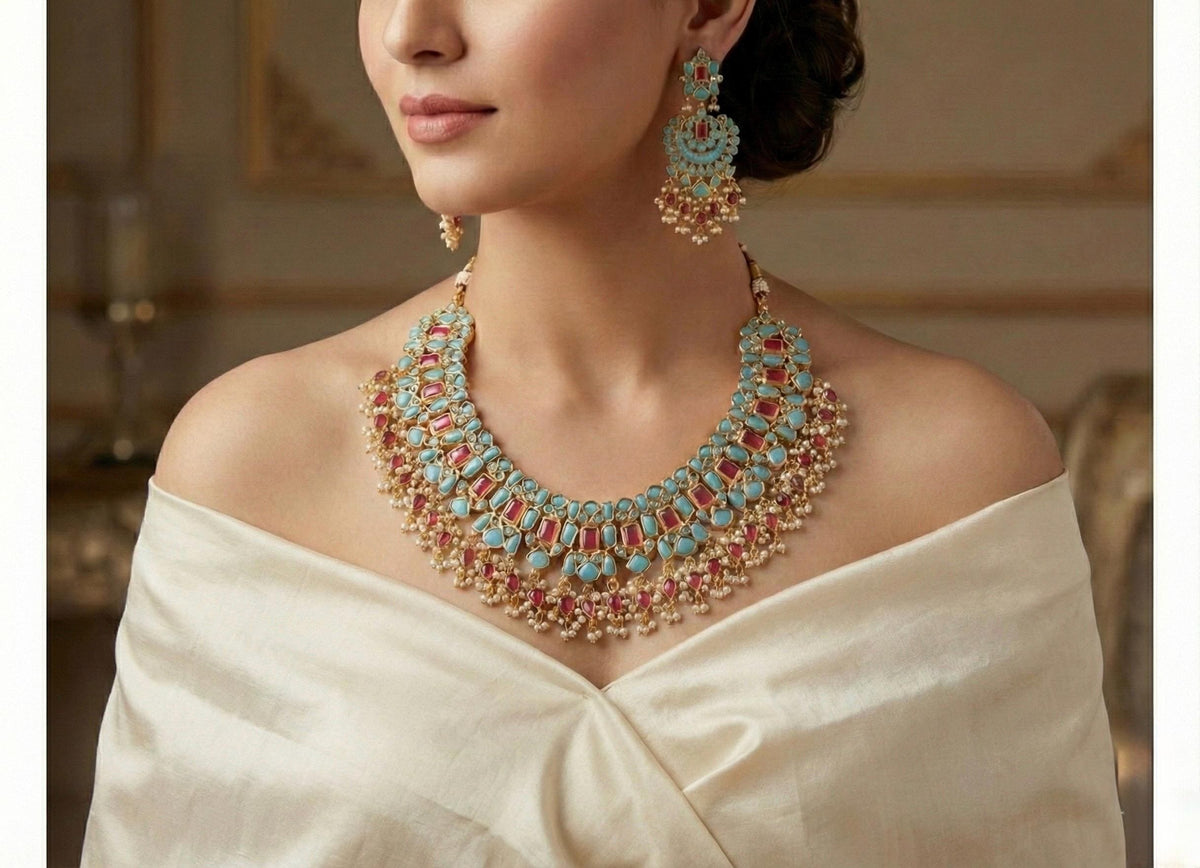 Kundan Choker Necklace & Chandbali Earrings | Gold Plated Indian Jewelry, Turquoise, Ruby Red
