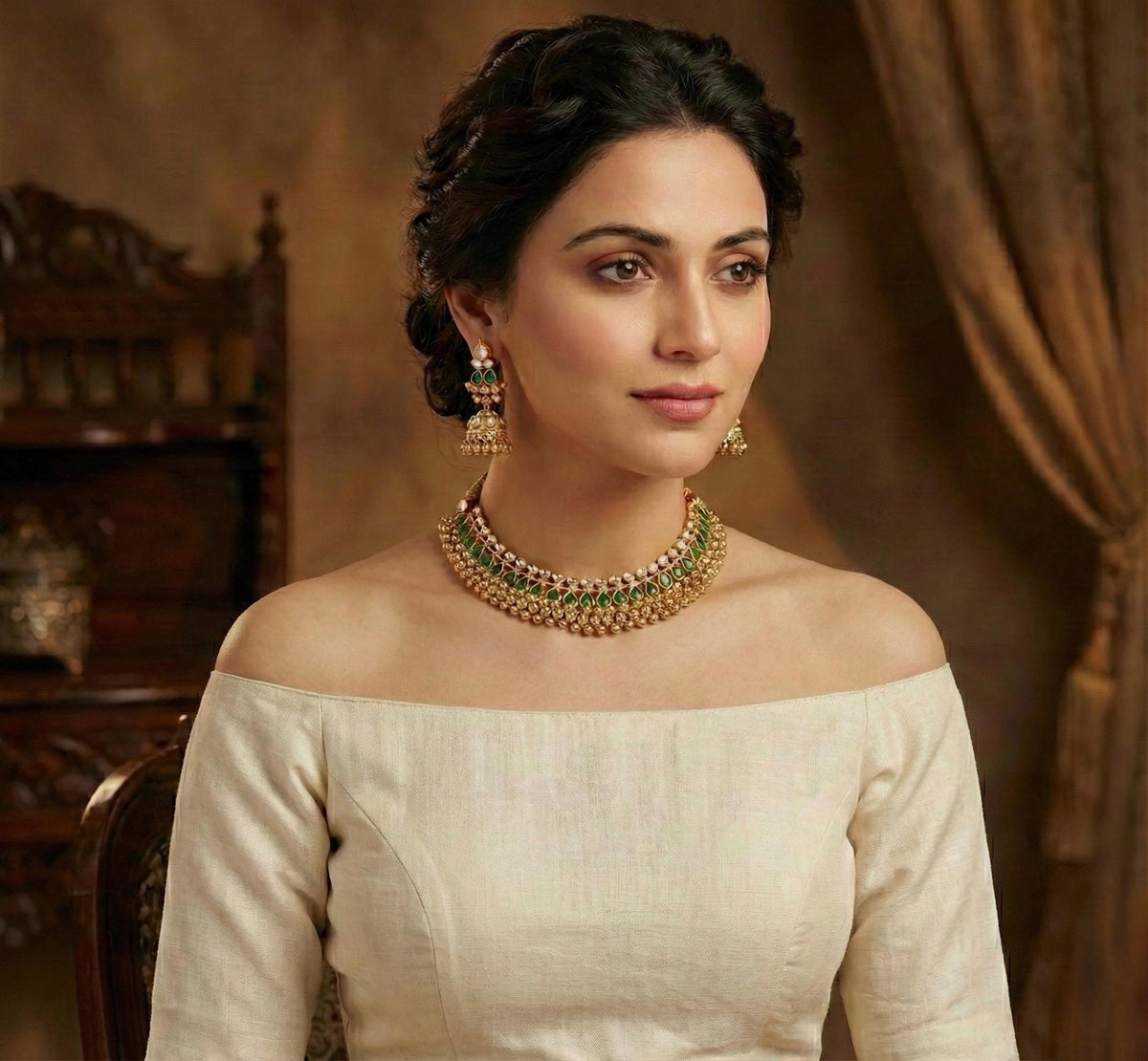 Handmade Kundan Choker Necklace, South Indian Bridal Jewelry, Tussi with Jumkhi Earrings