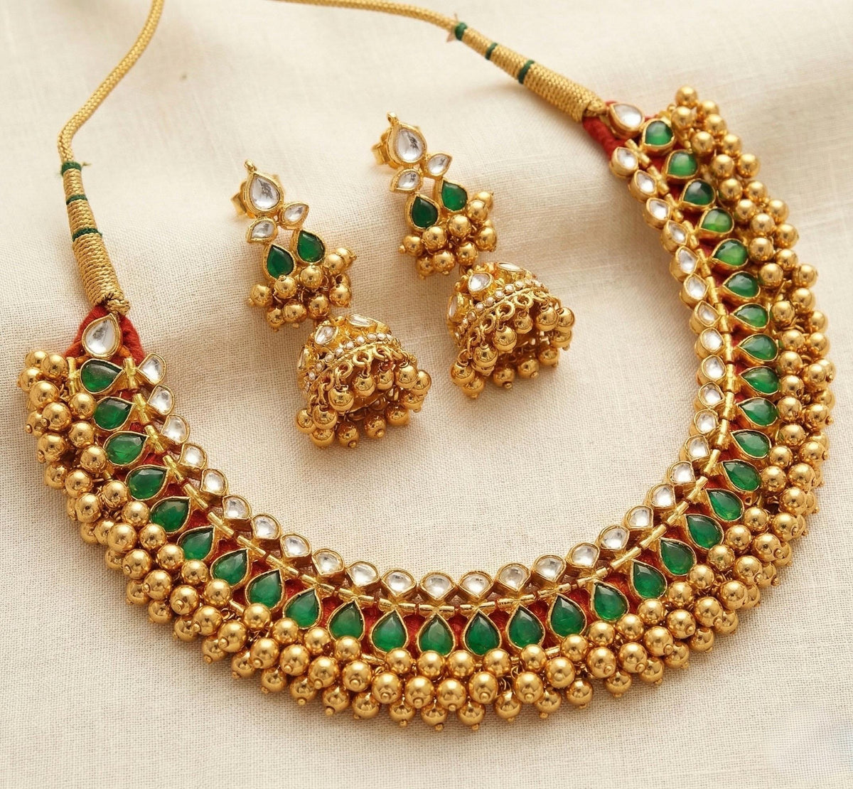 Handmade Kundan Choker Necklace, South Indian Bridal Jewelry, Tussi with Jumkhi Earrings