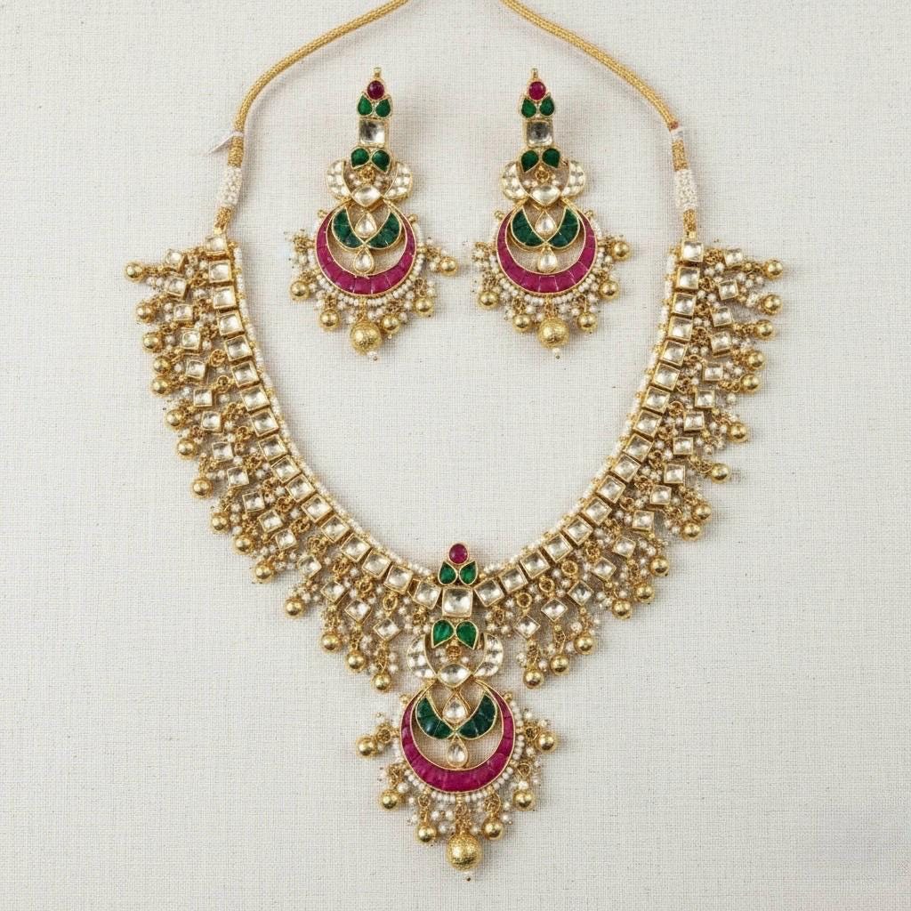Handmade Kundan Bridal Jewelry Set, Gold Plated Wedding Necklace