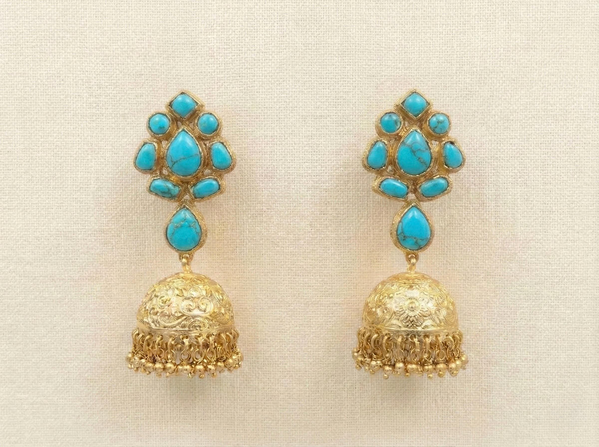 Handmade Turquoise Kundan Earrings Jhumkhi | Gold Plated Ethnic Jewelry
