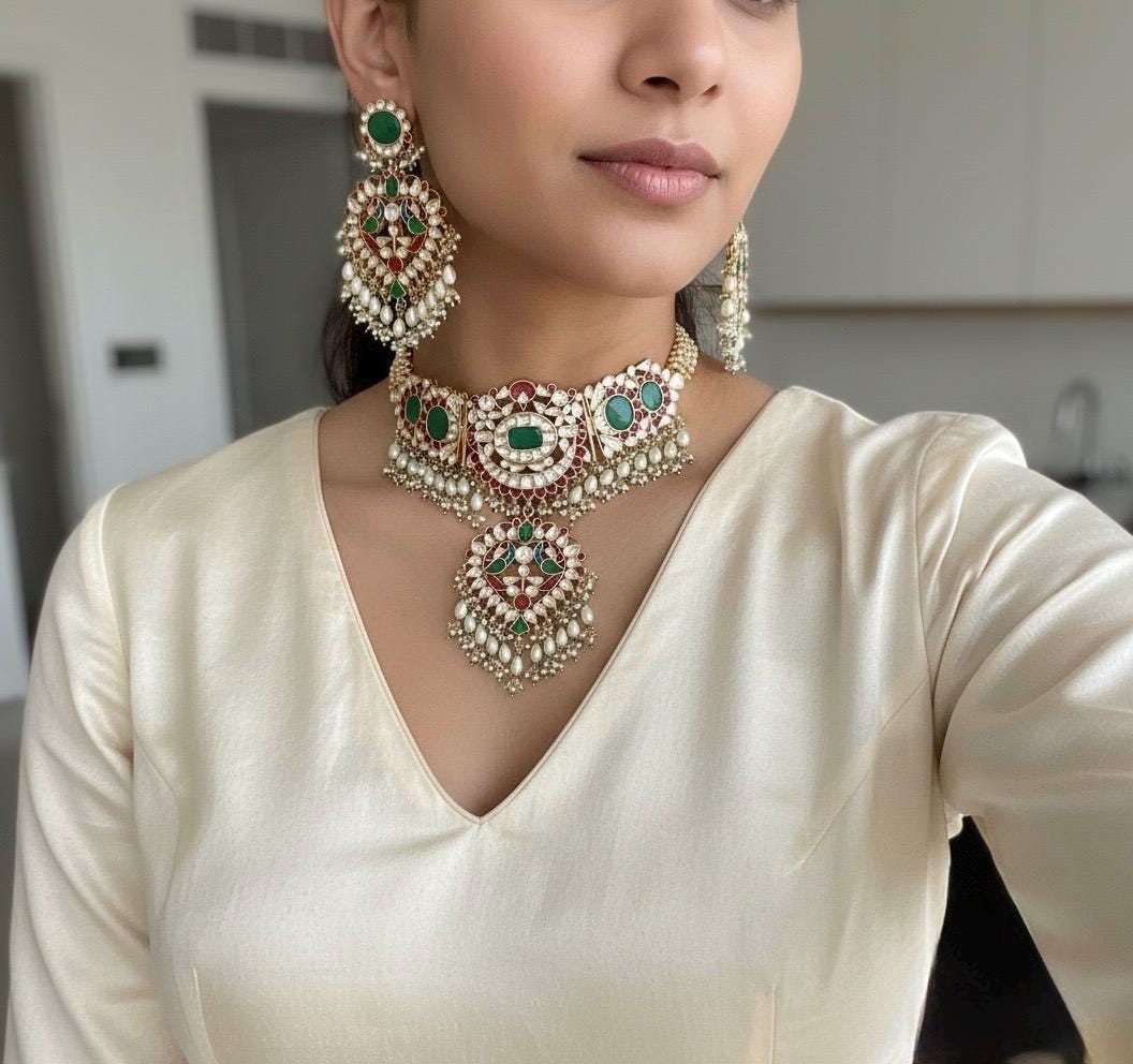 Kundan Choker Necklace Set, Indian Bridal Jewelry, Gold Plated Earrings