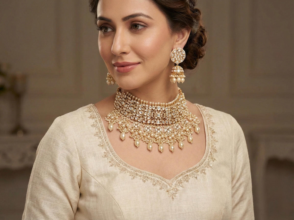 Handmade Kundan Choker Necklace Set, Gold Plated Indian Bridal Jewelry