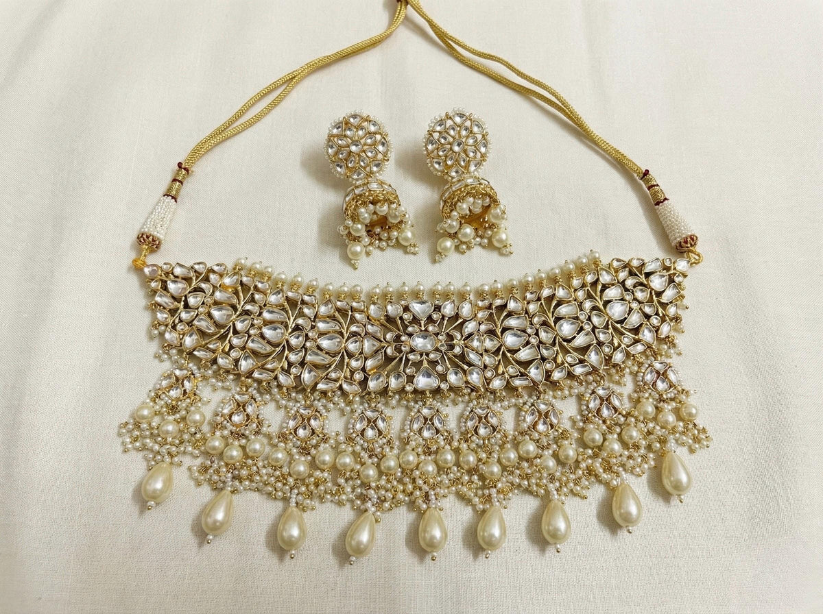 Handmade Kundan Choker Necklace Set, Gold Plated Indian Bridal Jewelry