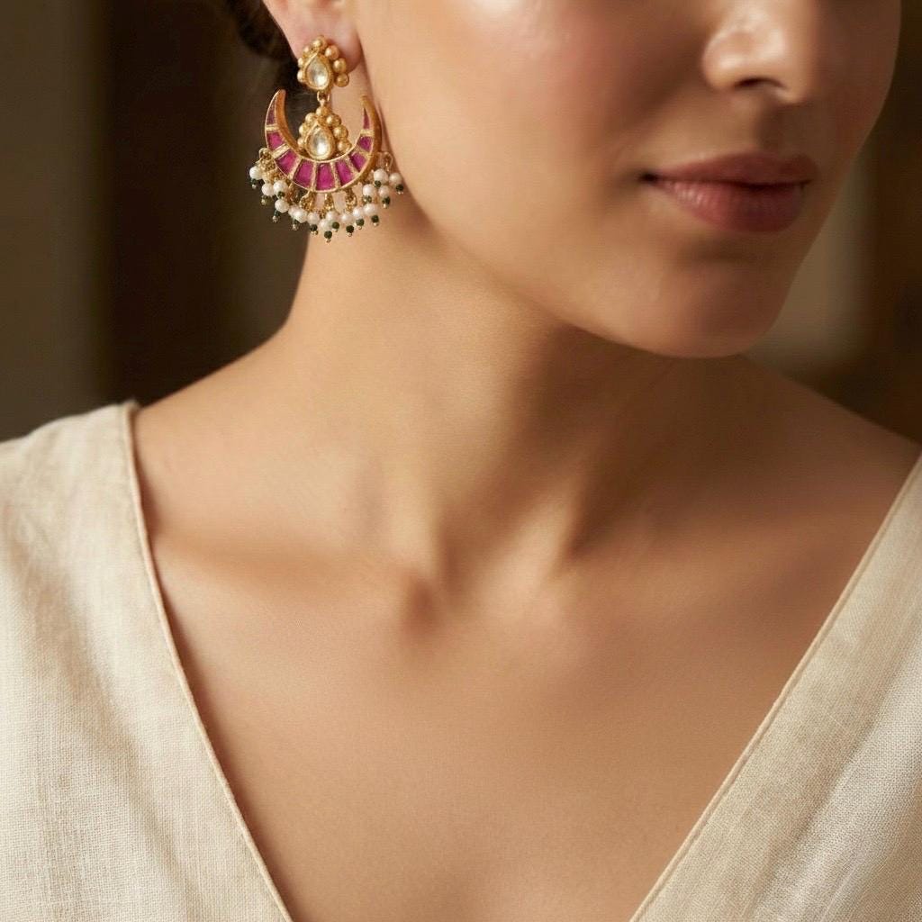 Gold Plated Kundan Choker Necklace Set, Indian Bridal Jewelry, Handmade Earrings