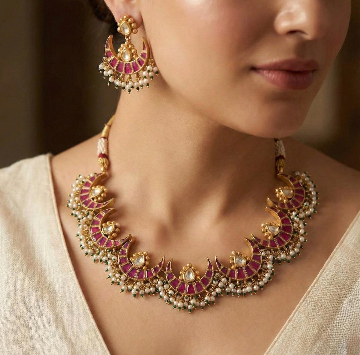 Gold Plated Kundan Choker Necklace Set, Indian Bridal Jewelry, Handmade Earrings