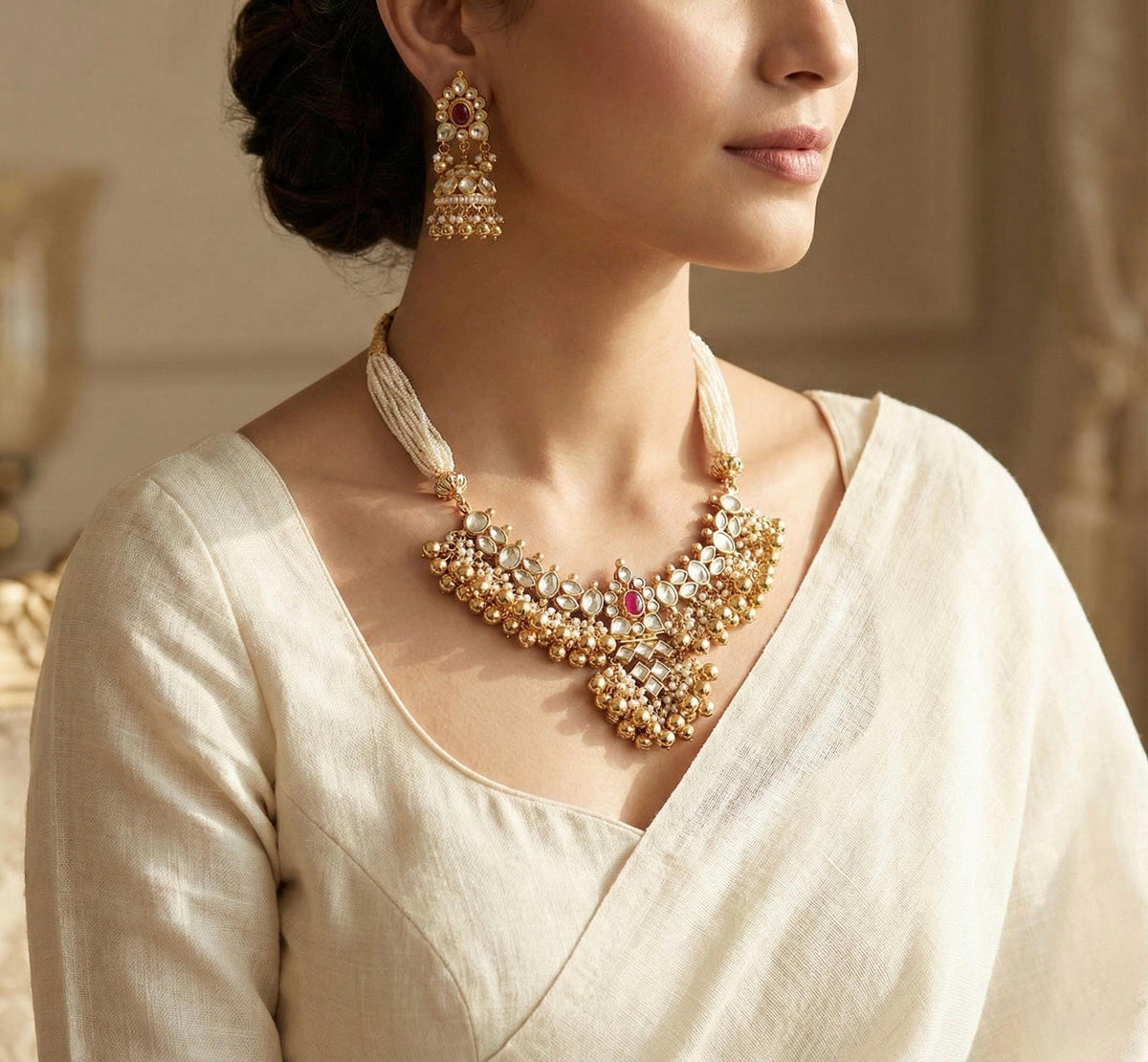 Kundan Choker Necklace Set, Gold Plated Indian Bridal Jewelry
