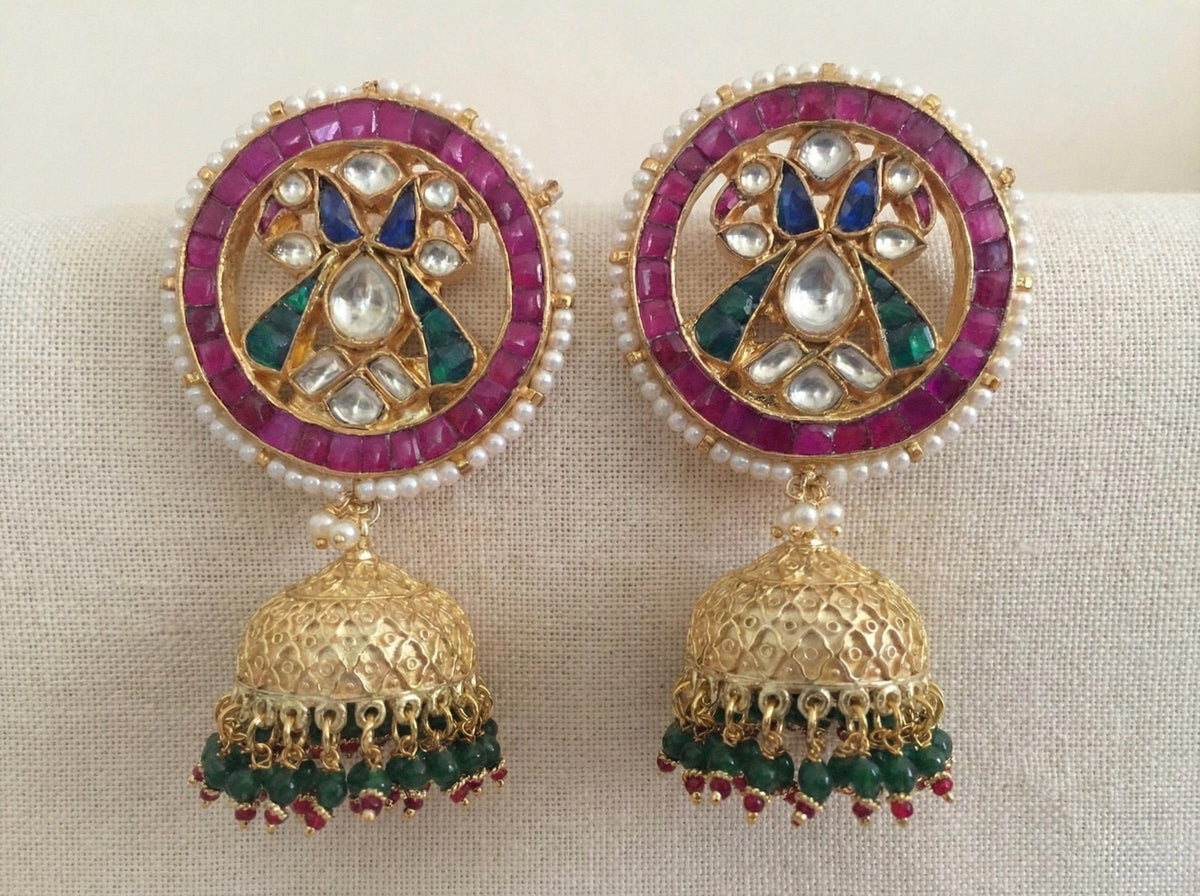 Handmade Kundan Jumkhi Earrings, Indian Peacock Jewelry, Gold Finish Earring