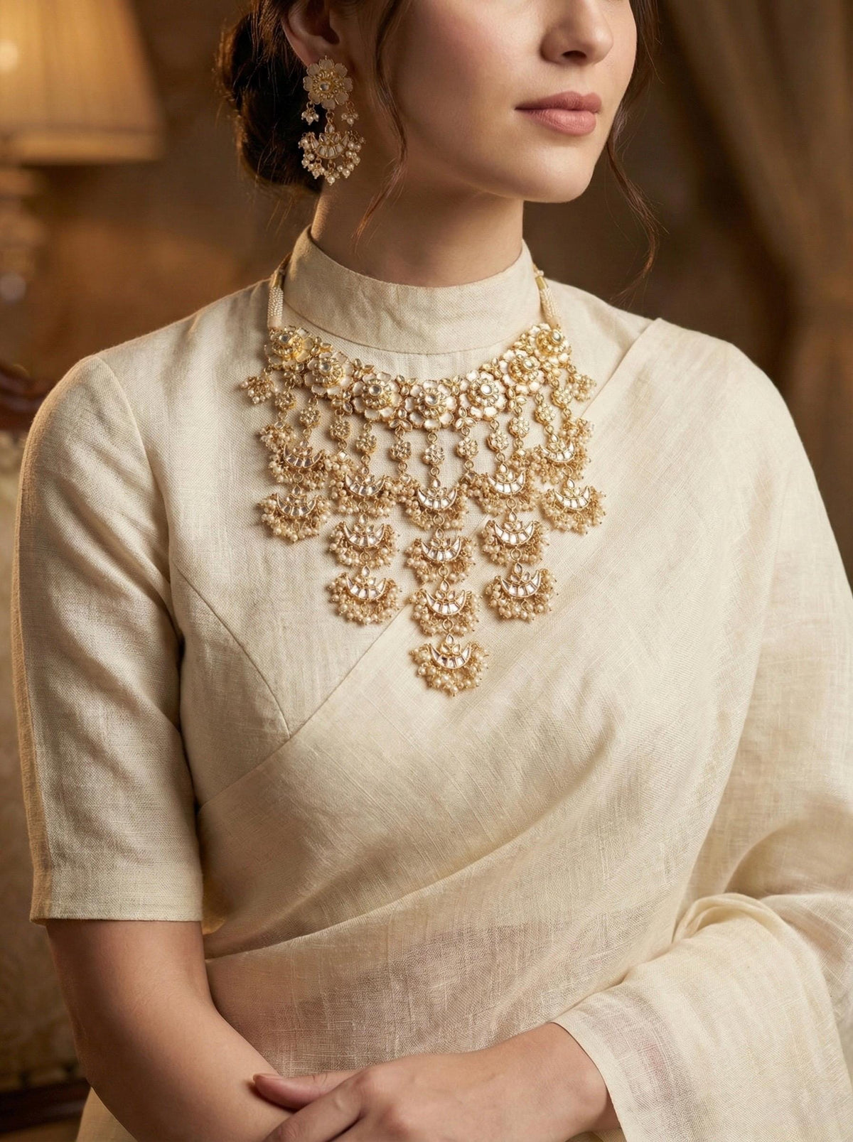 Handmade Kundan Choker Necklace Earrings Set, Gold Plated Mother of Pearl Indian Bridal Jewelry