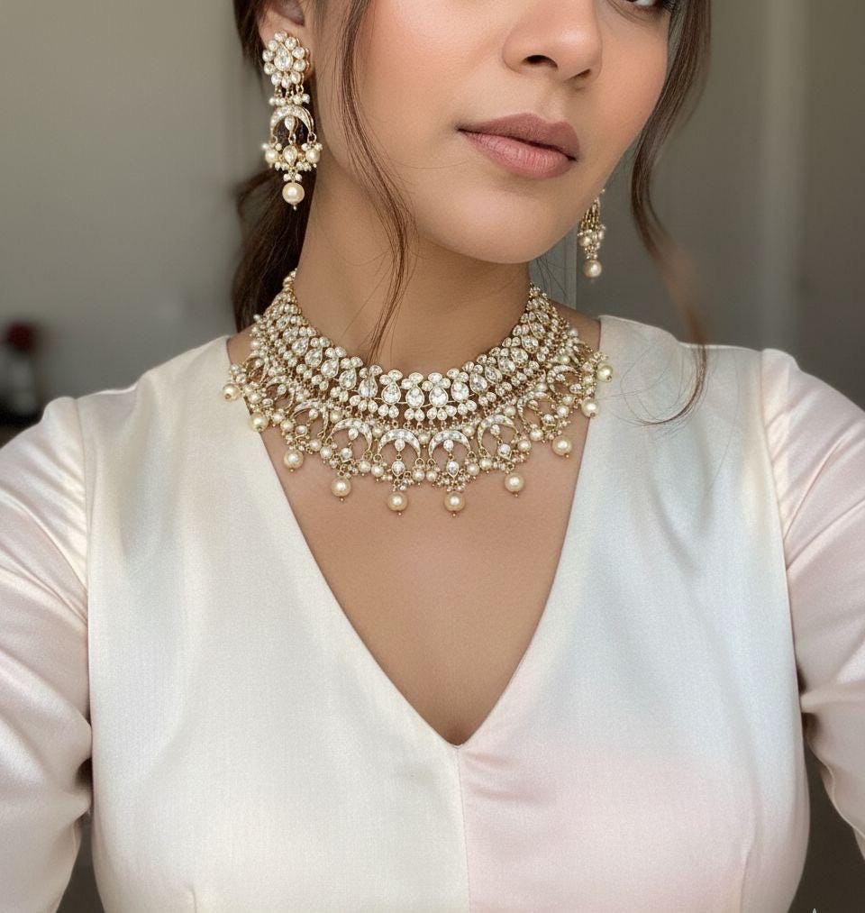 Traditional Kundan Choker Necklace with Earrings, Indian Ethnic Jewellery Set