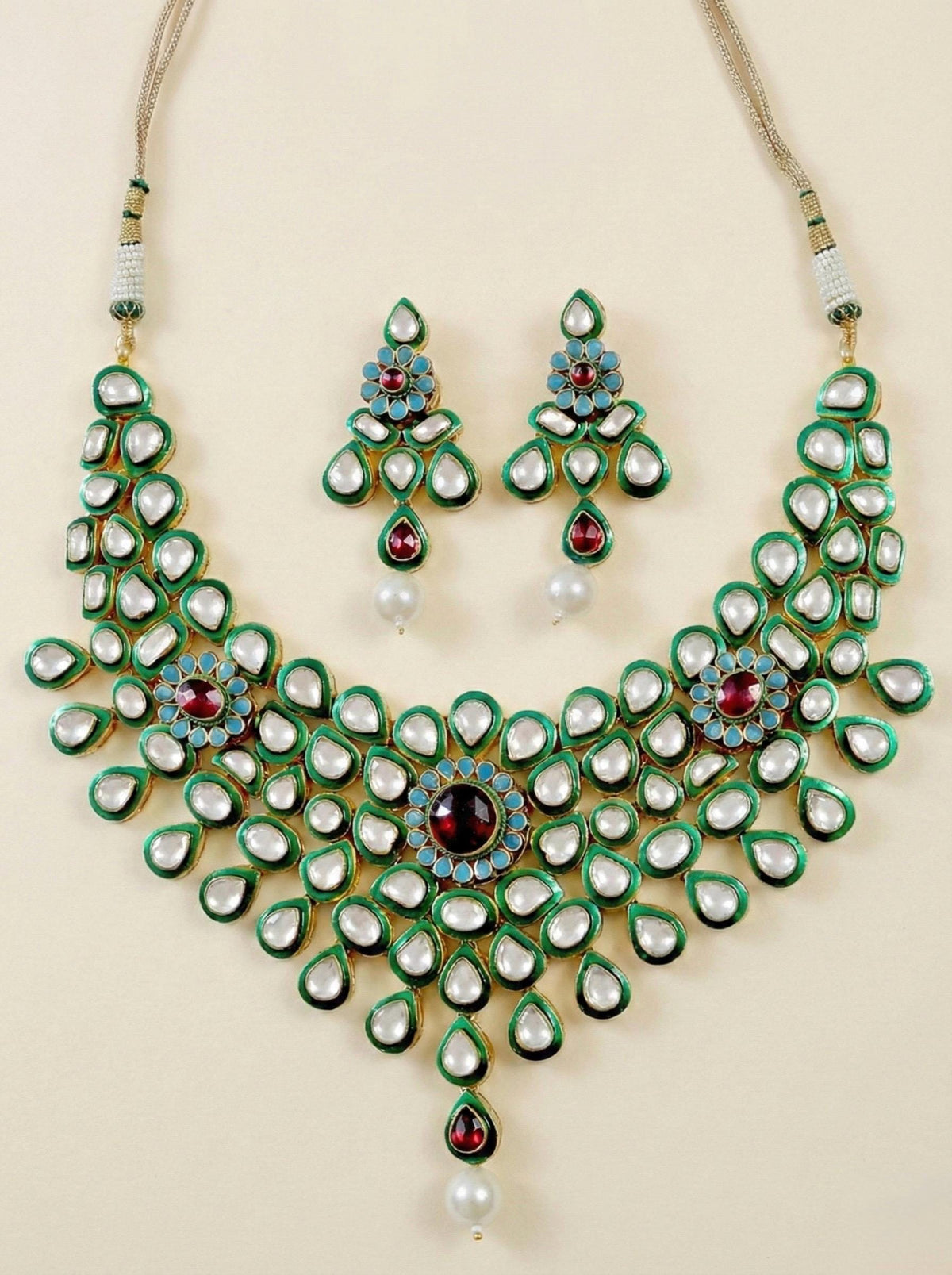 Kundan Choker Necklace with Earring | Indian Heirloom Bridal Jewellery Set | Green Enamel
