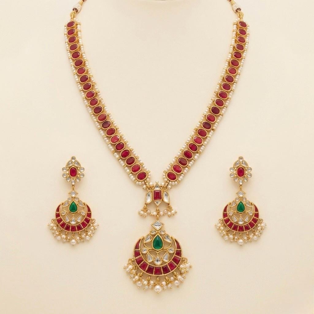 Kundan Bridal Jewelry Set, Gold Plated Necklace & Chandbali Earrings