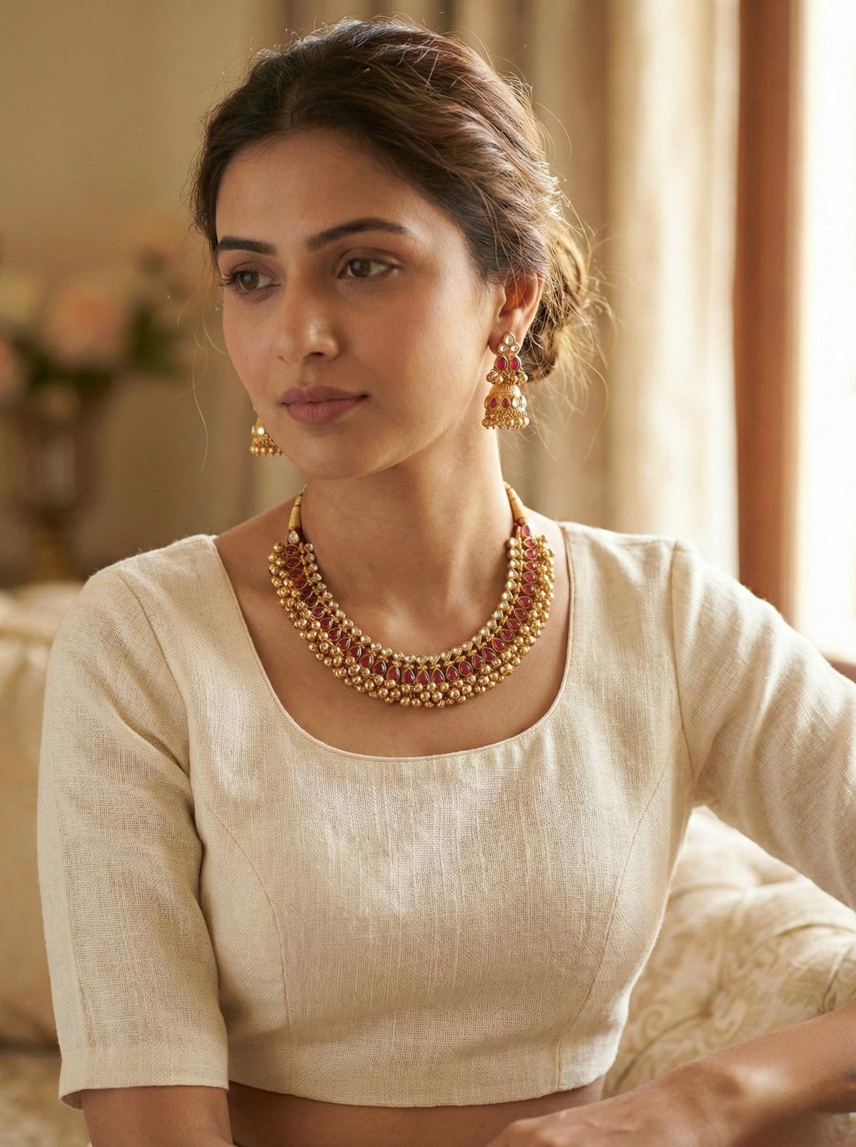 Kundan Choker Necklace with Jumkhi Earrings, Indian Bridal Jewelry, Tussi Necklace