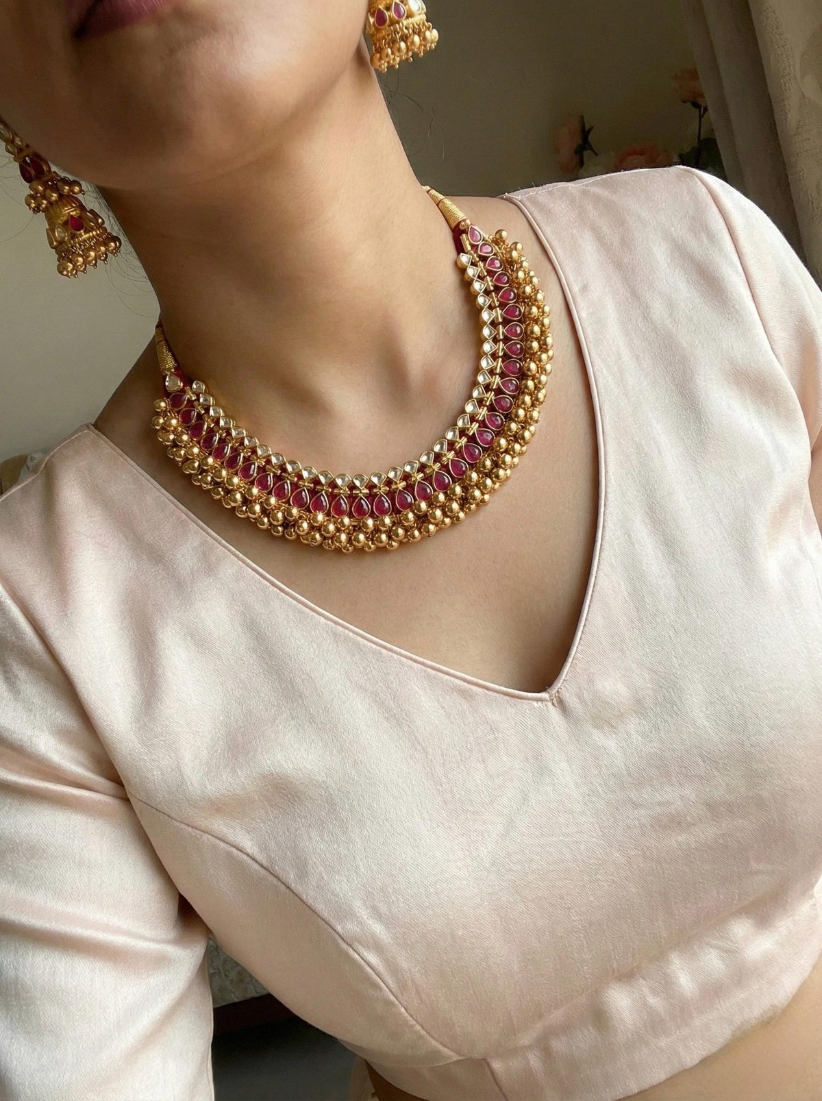 Kundan Choker Necklace with Jumkhi Earrings, Indian Bridal Jewelry, Tussi Necklace