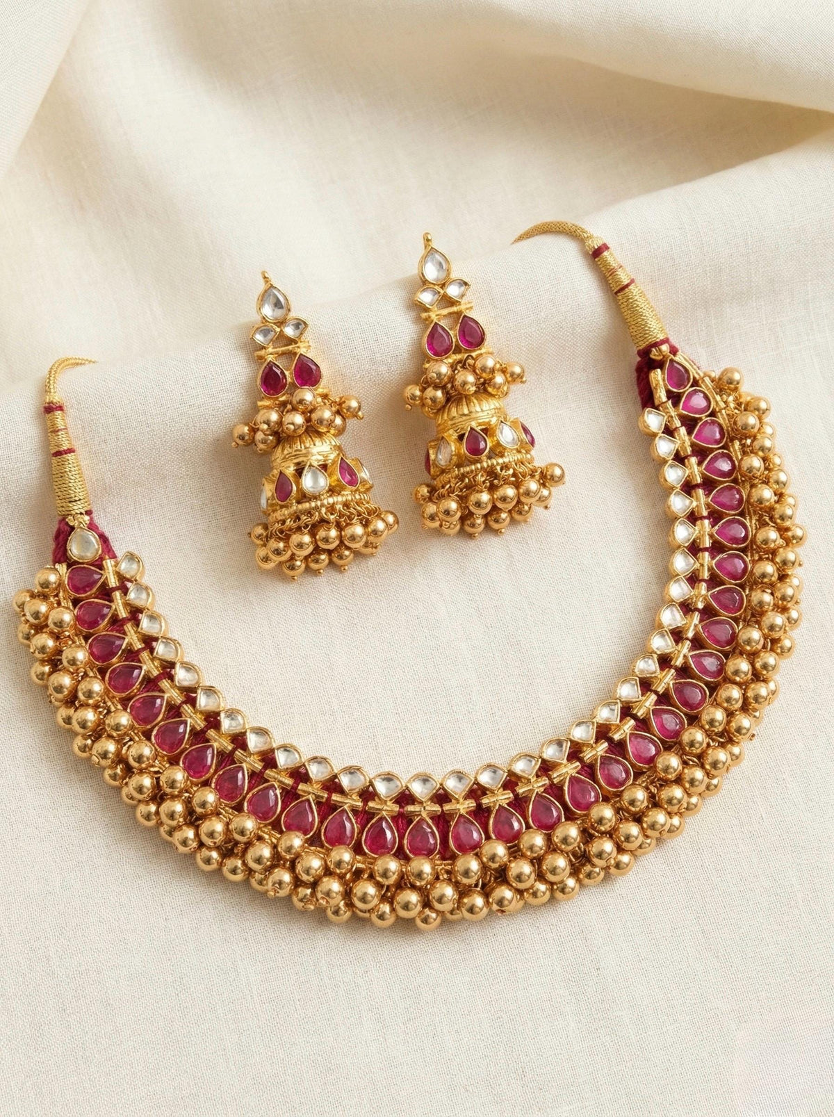 Kundan Choker Necklace with Jumkhi Earrings, Indian Bridal Jewelry, Tussi Necklace