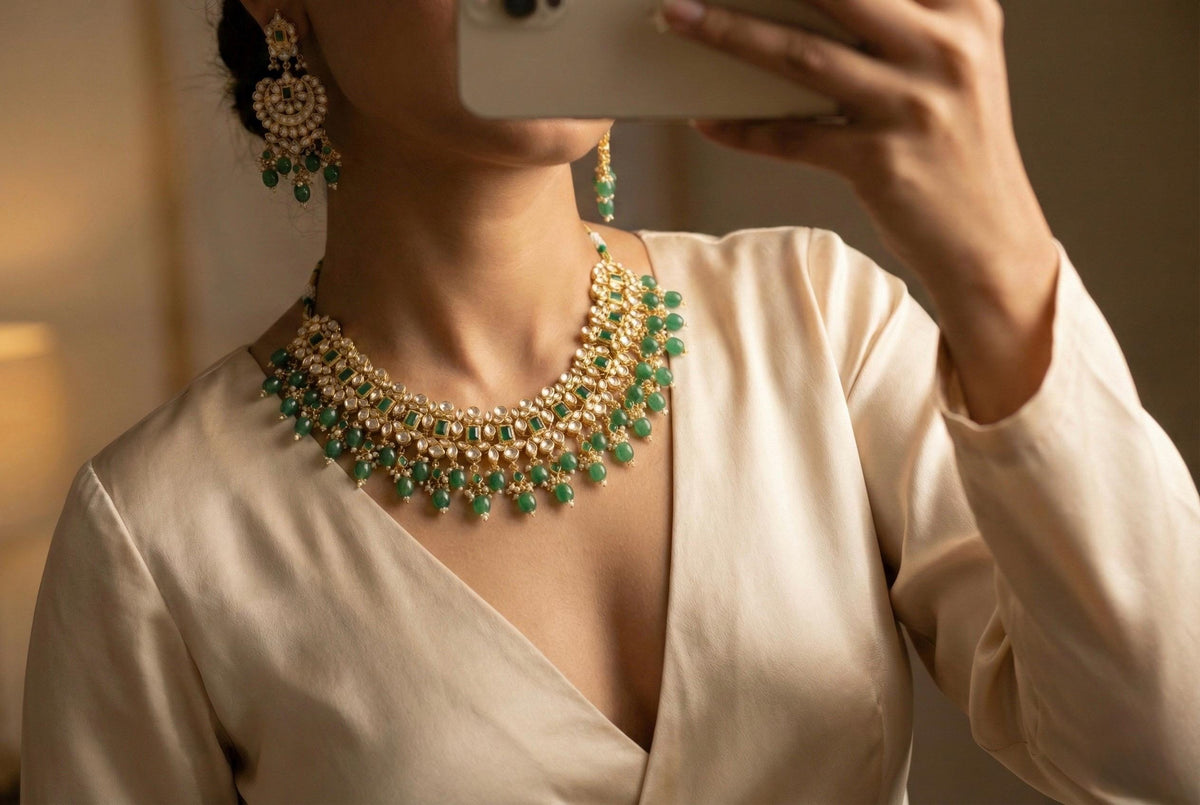 Kundan Jewelry set, Choker Necklace with Chandbali Earrings, Green Bridal Sets