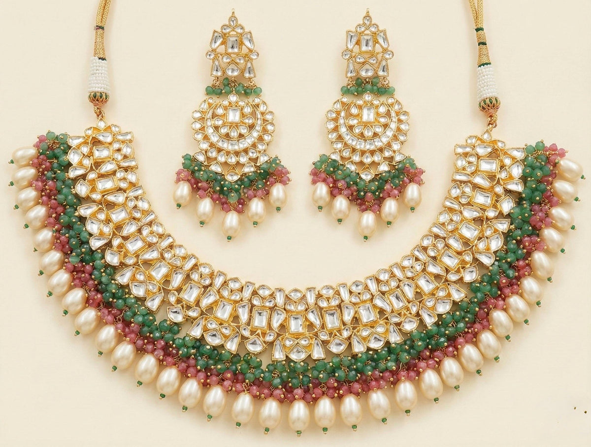 Kundan Choker Necklace Earrings Set, 22k Gold Plated Indian Bridal Jewelry