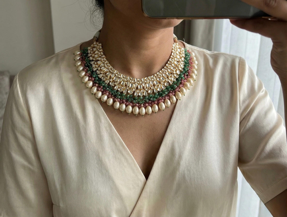 Kundan Choker Necklace Earrings Set, 22k Gold Plated Indian Bridal Jewelry