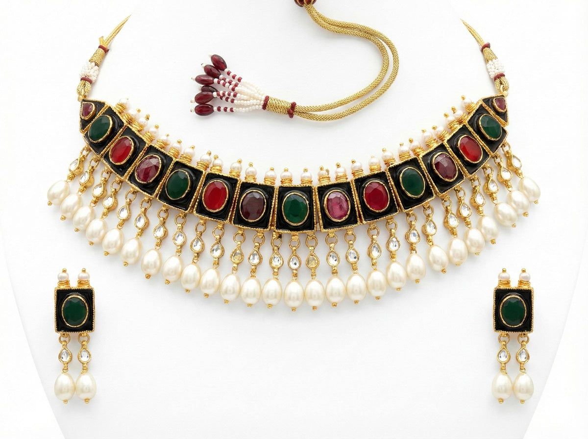 Black Enamelled Designer Kundan Jewellery Set, Statement Choker Necklace with Earrings