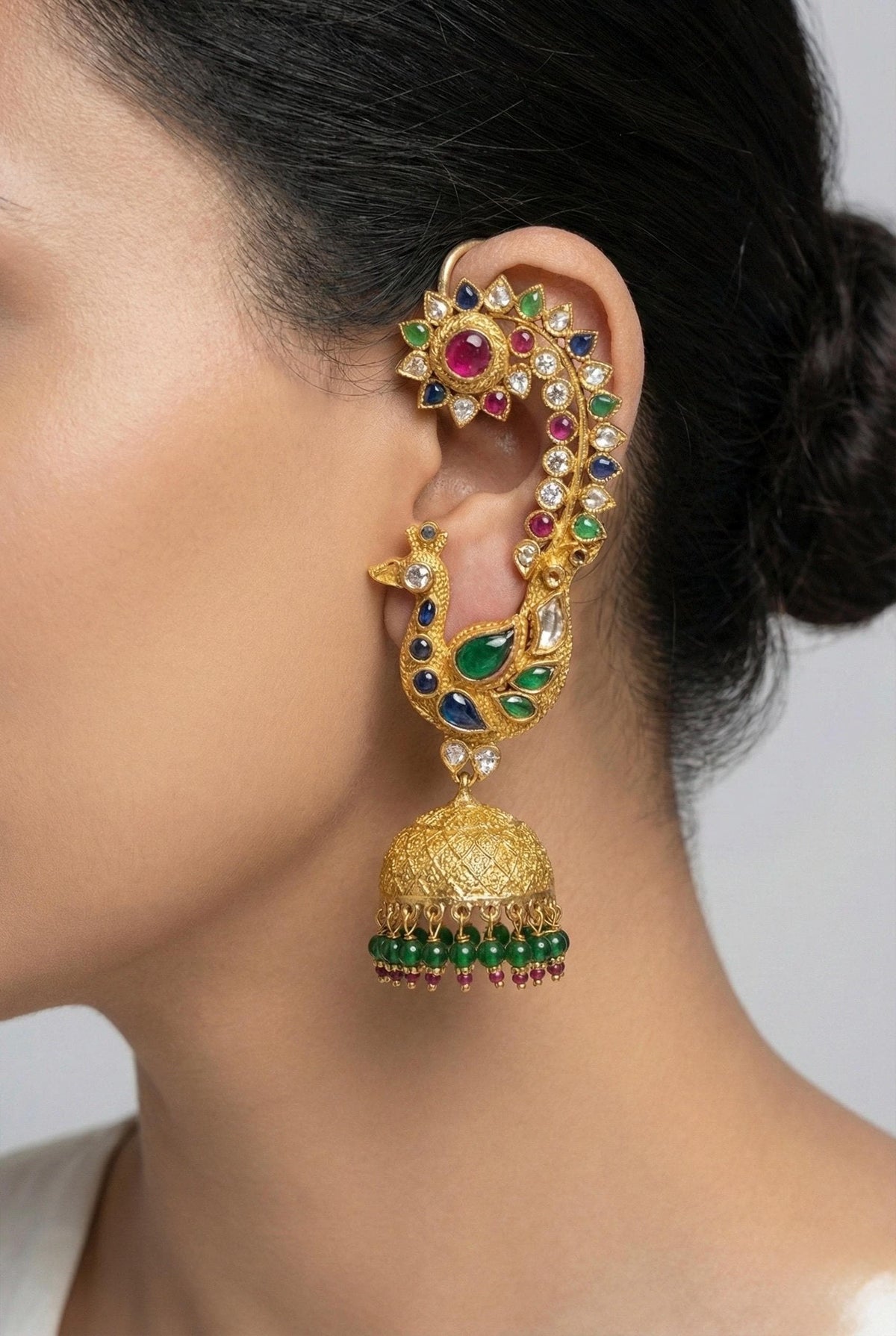 Royal Kundan Ear Cuff Earrings with Dangler Jumkhi, Luxury Indian Bridal Jewelry