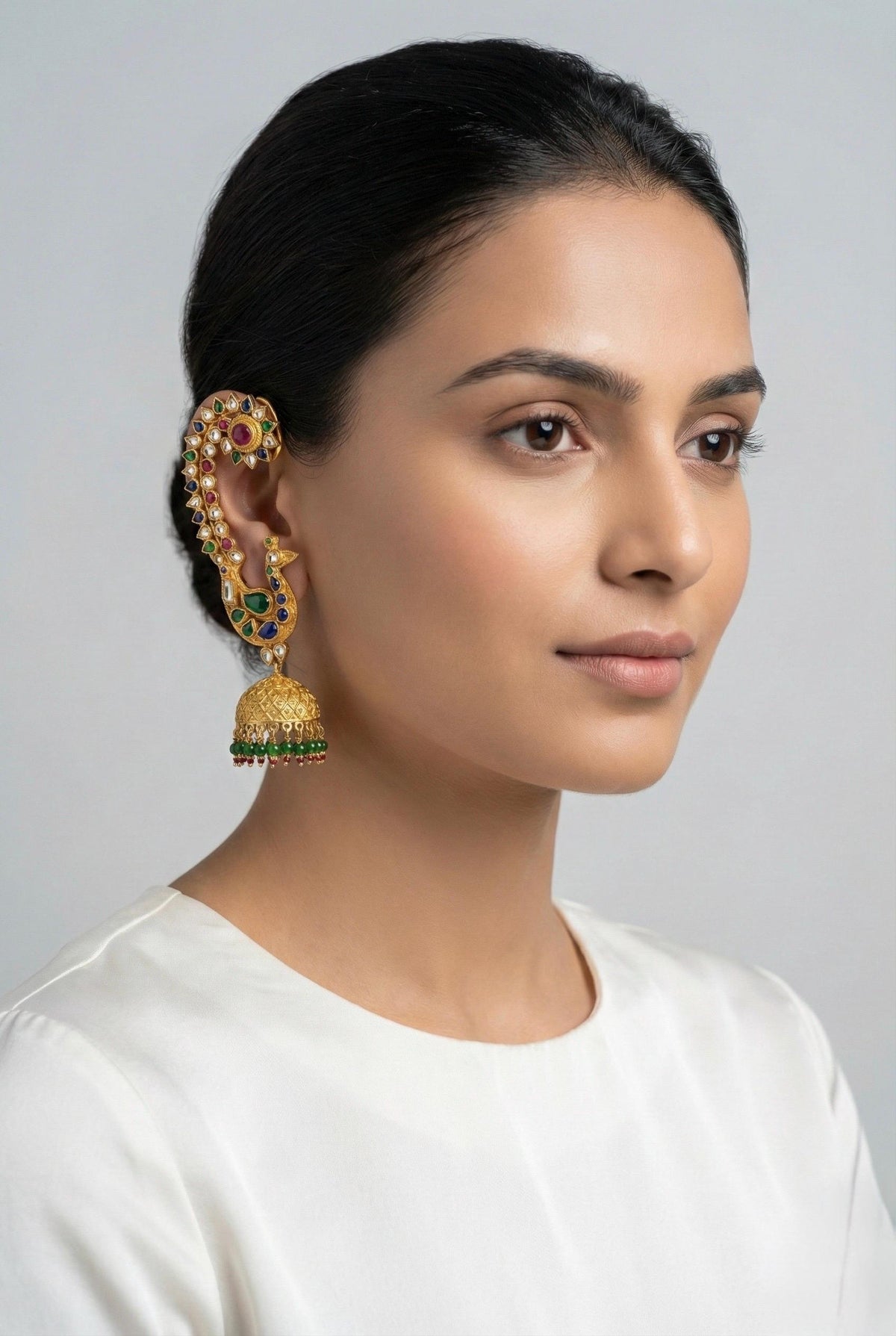 Royal Kundan Ear Cuff Earrings with Dangler Jumkhi, Luxury Indian Bridal Jewelry