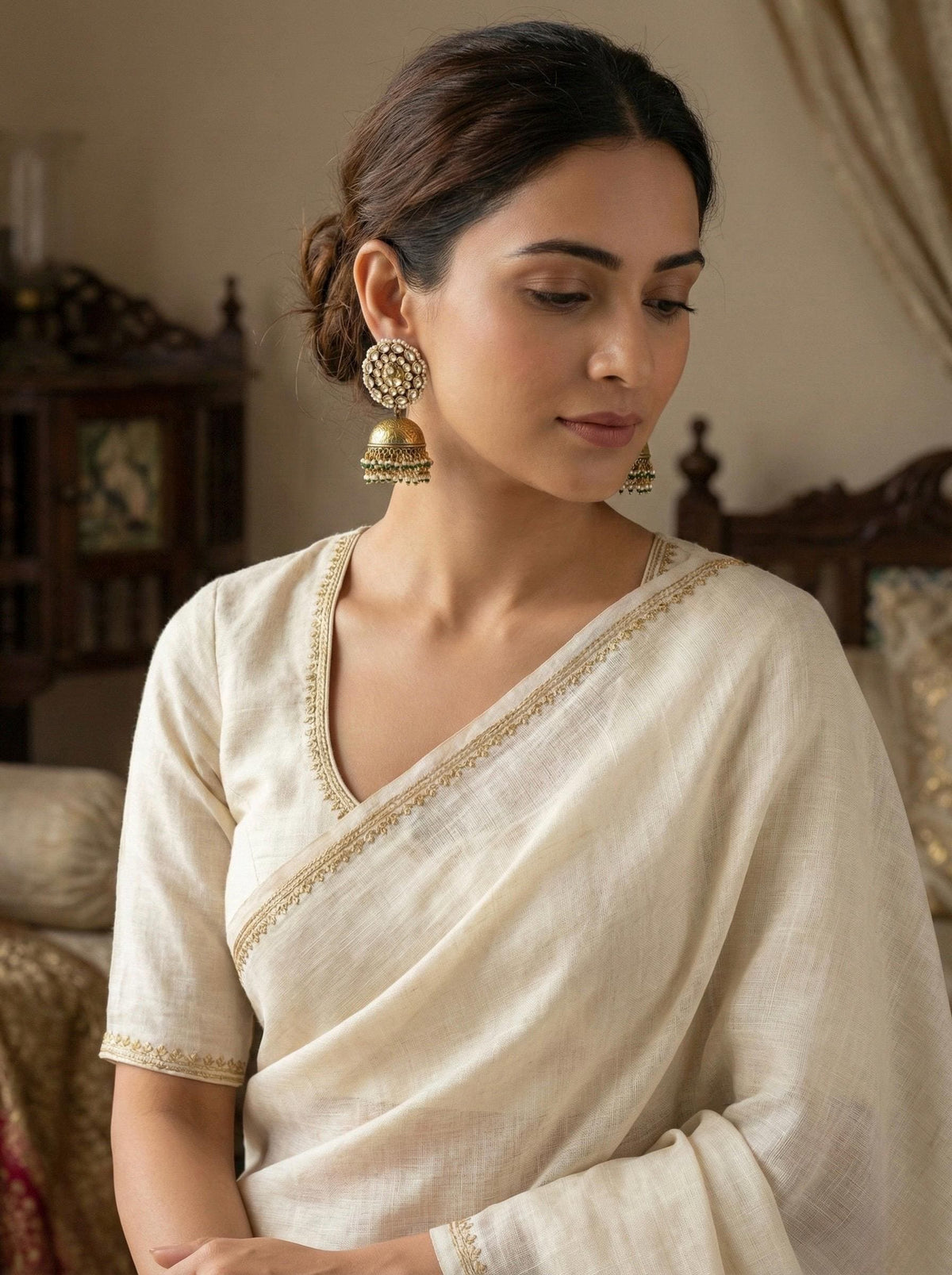 Kundan Earrings, Antique Gold Finish Jhumki, Indian Ethnic Jewelry